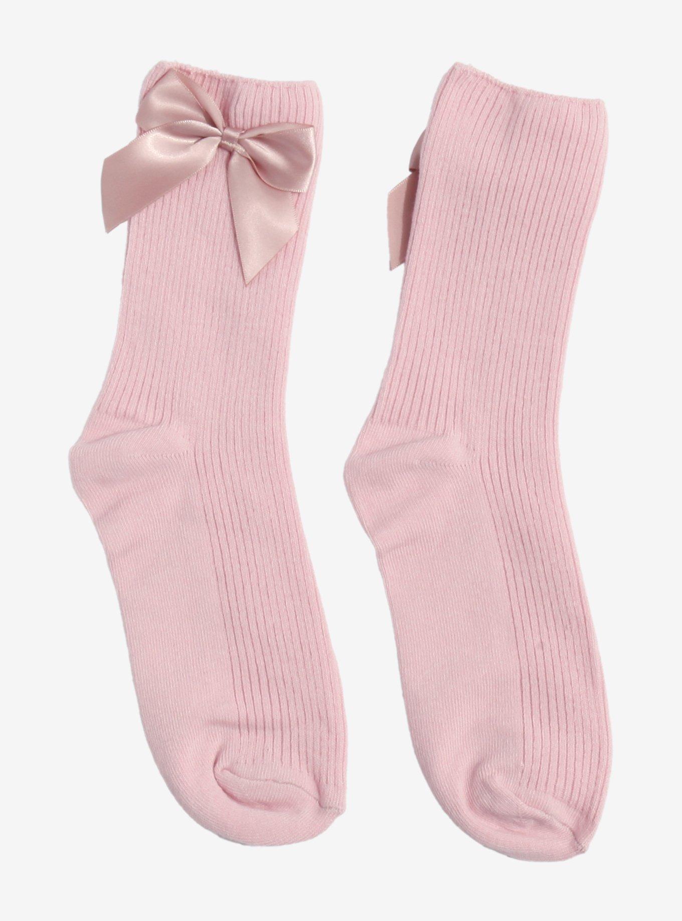 Pink Satin Bow Crew Socks, , hi-res