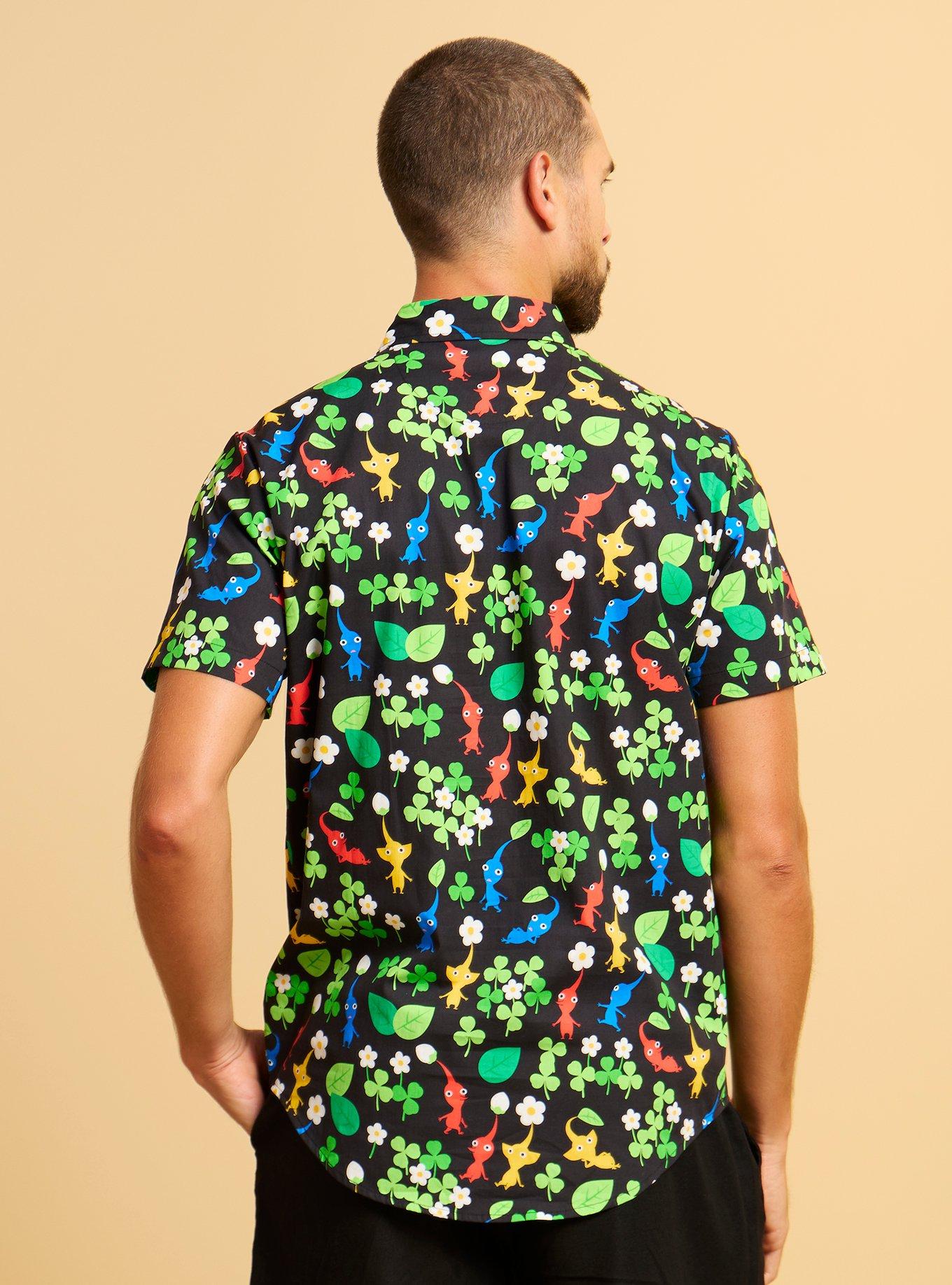 Pikmin Clovers Allover Print Woven Button-Up, BLACK, alternate