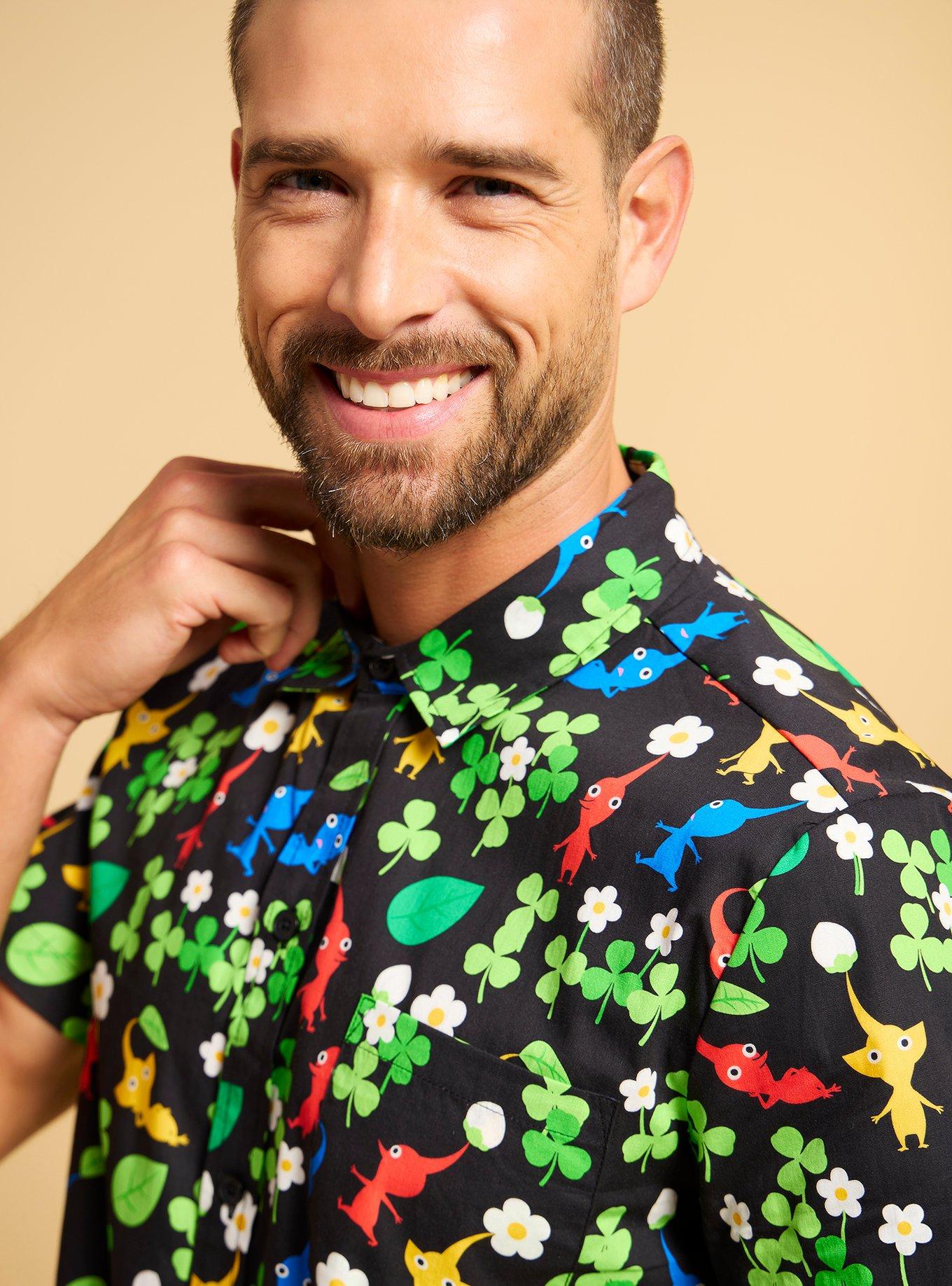 Pikmin Clovers Allover Print Woven Button-Up, BLACK, alternate