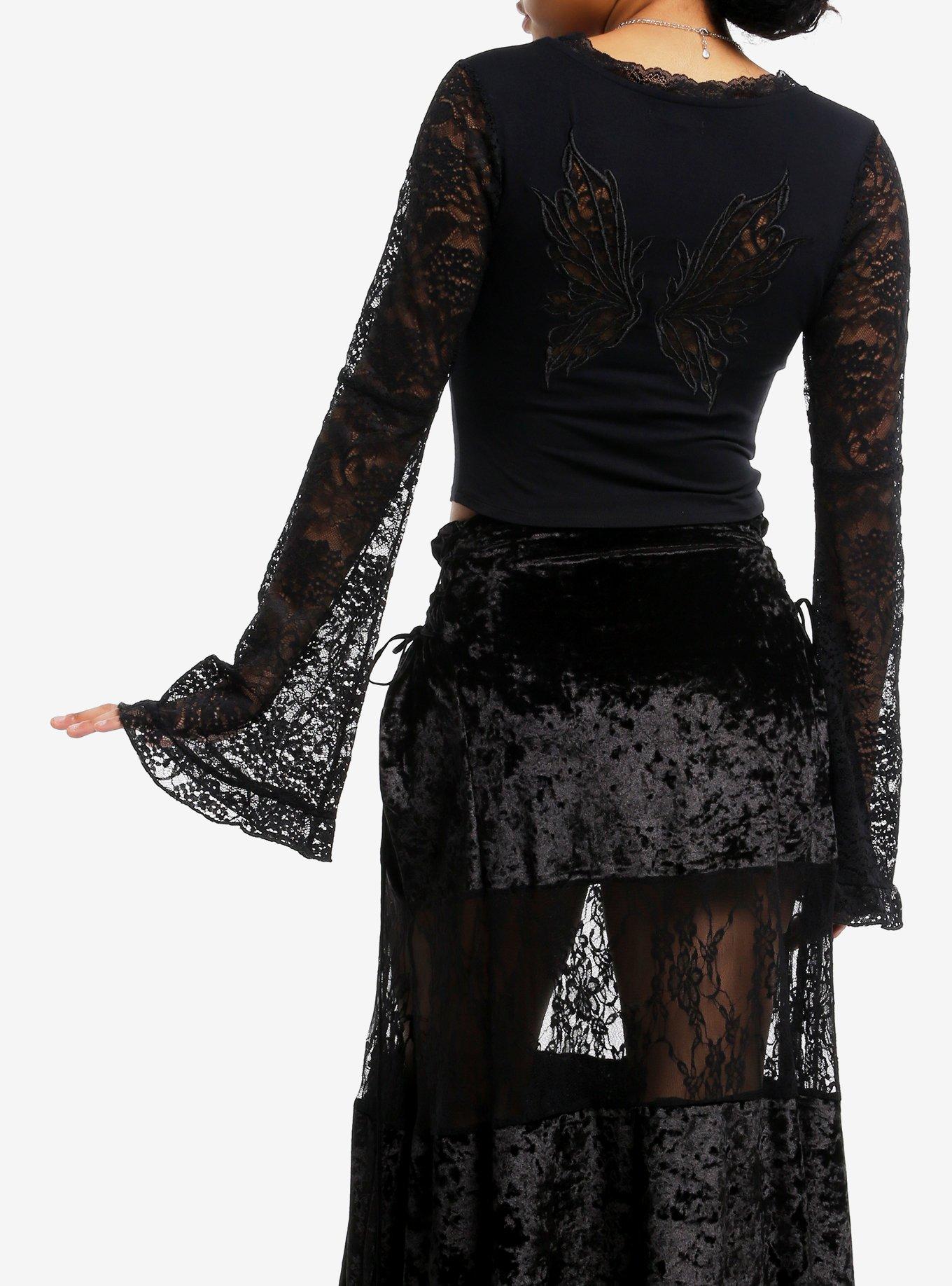 Cosmic Aura Black Butterfly Lace Girls Bell Sleeve Top, BLACK, alternate