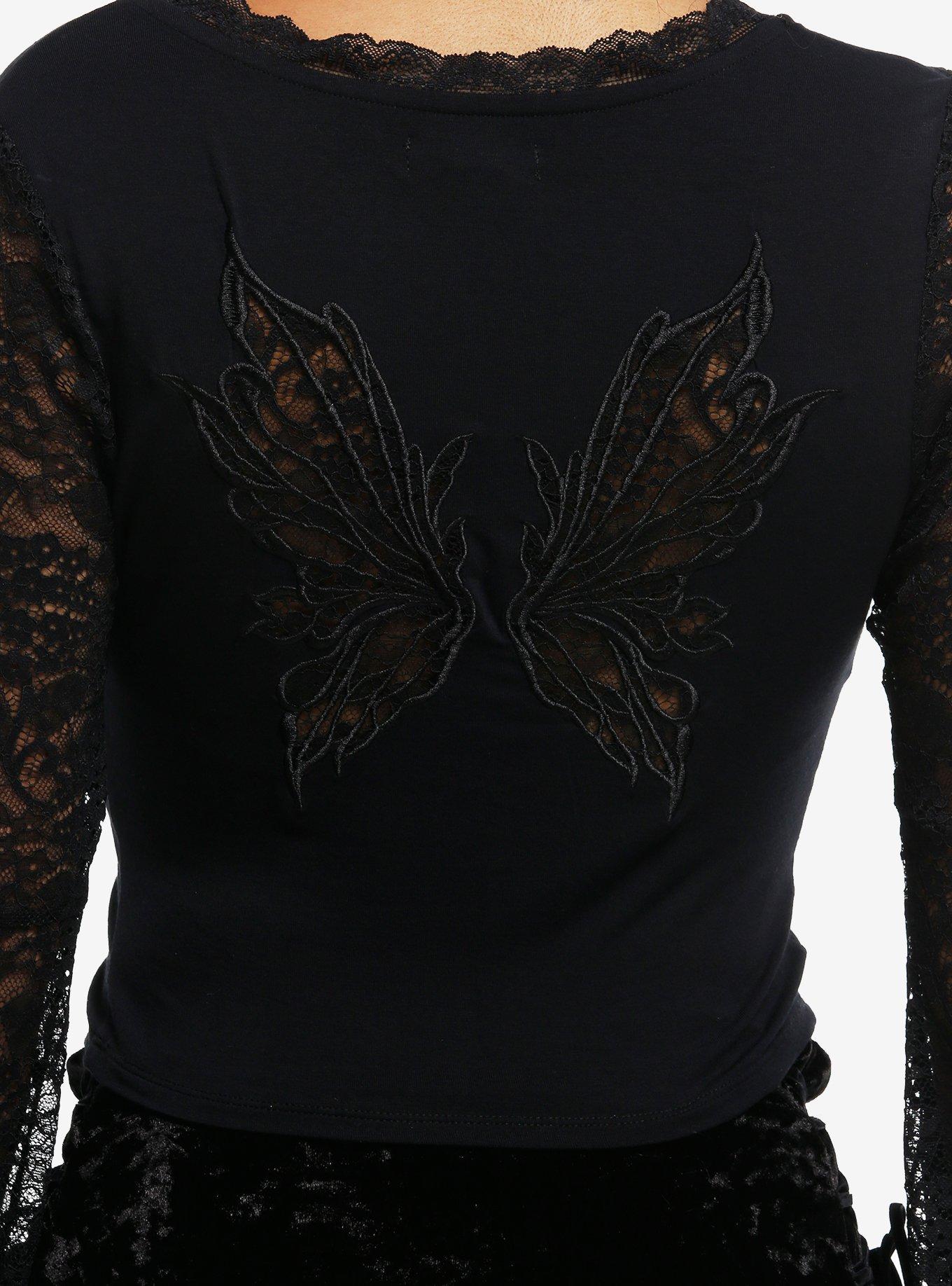 Cosmic Aura Black Butterfly Lace Girls Bell Sleeve Top, BLACK, alternate