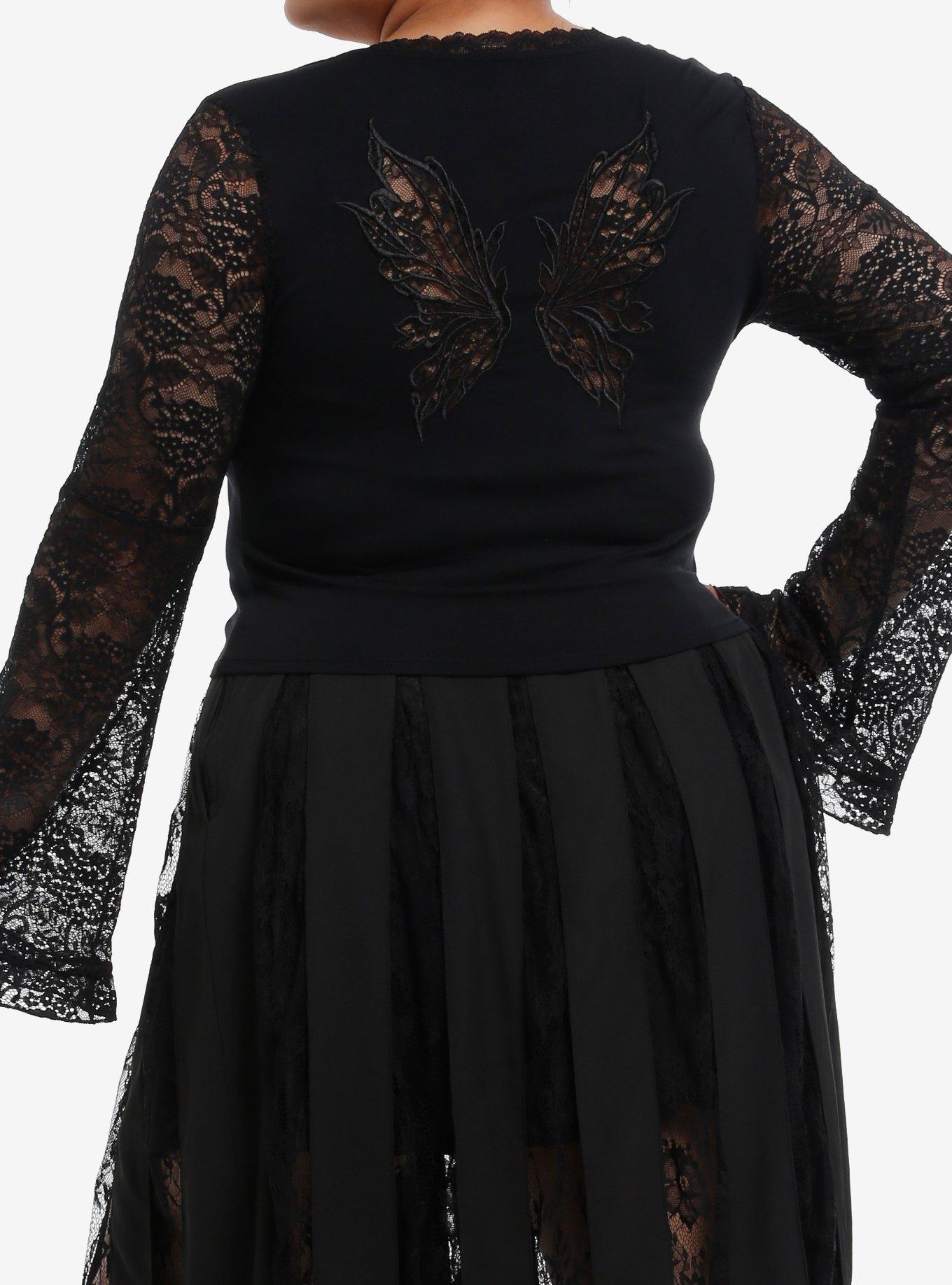 Cosmic Aura Black Butterfly Lace Girls Bell Sleeve Top Plus Size, BLACK, alternate