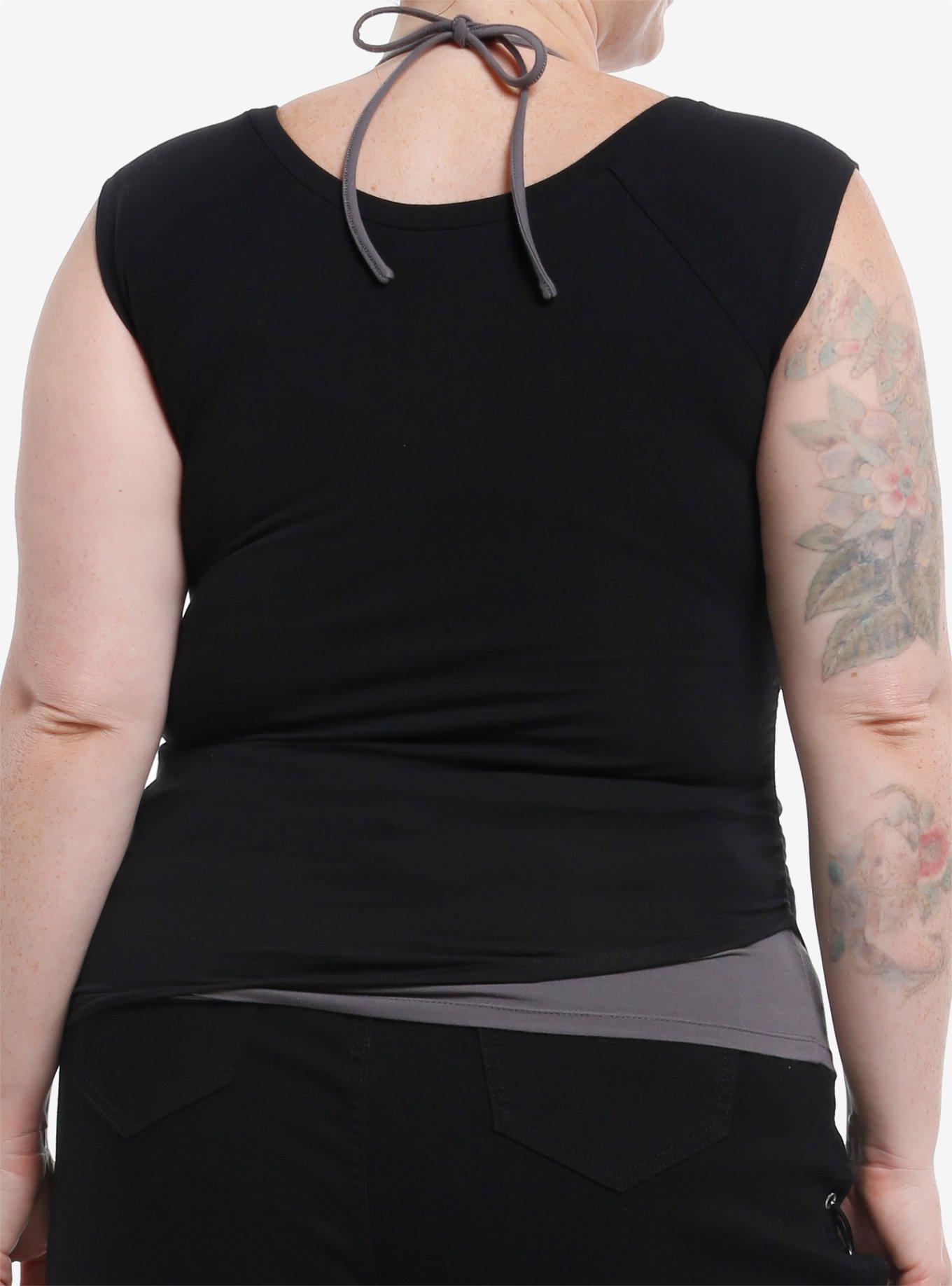 Black Winged Cross Rhinestone Twofer Halter Top Plus Size, GREY, alternate