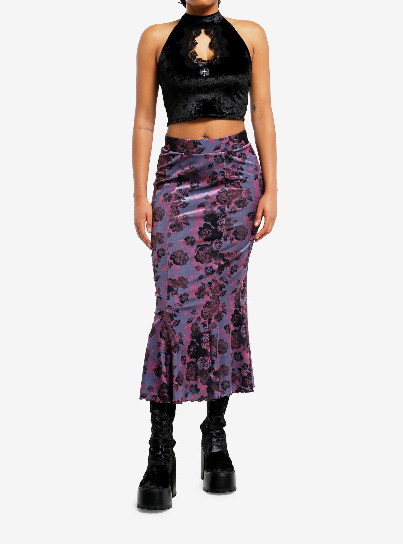 Cosmic Aura Black Velvet Lace Cutout Girls Halter Crop Top, , hi-res