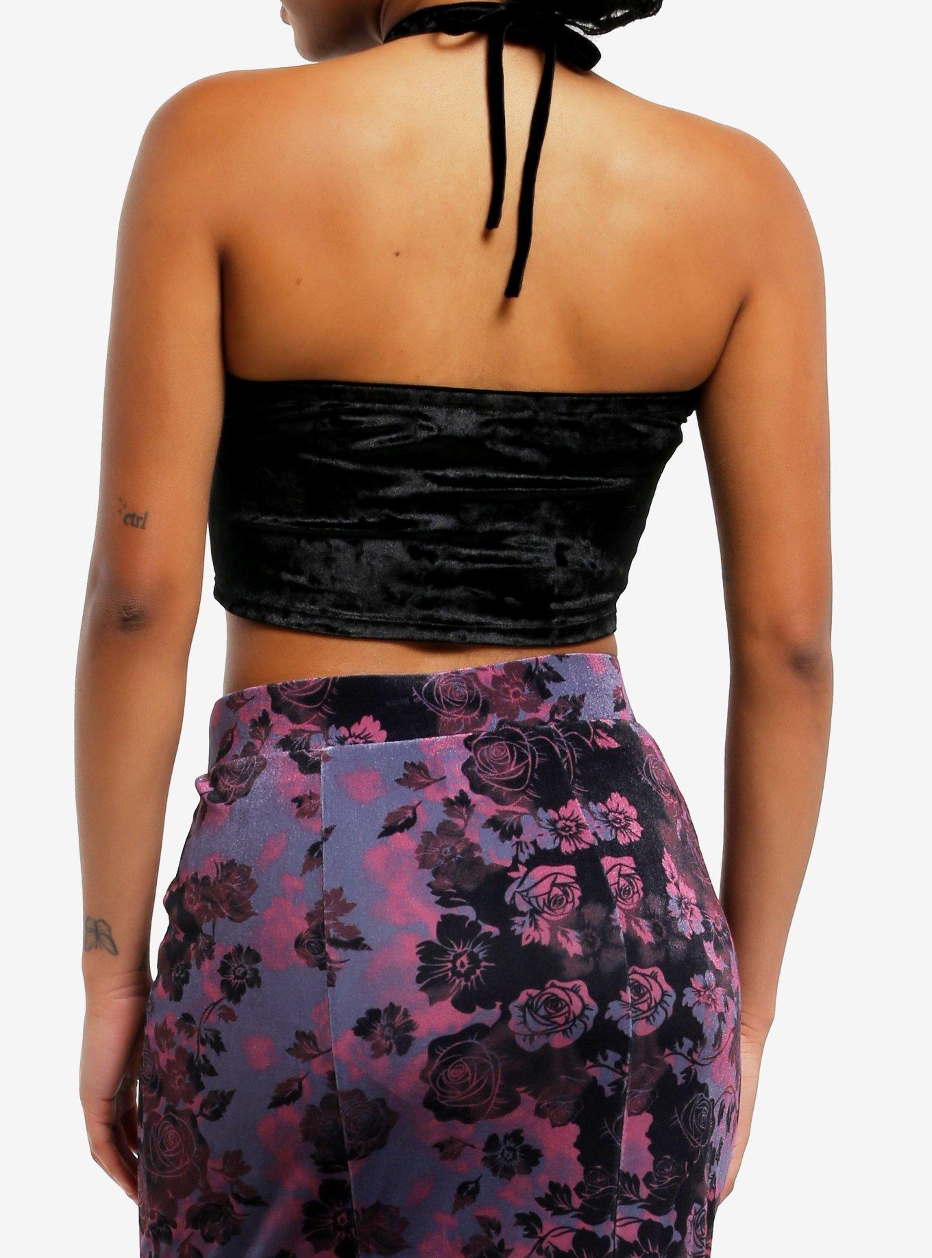 Cosmic Aura Black Velvet Lace Cutout Girls Halter Crop Top, BLACK, alternate