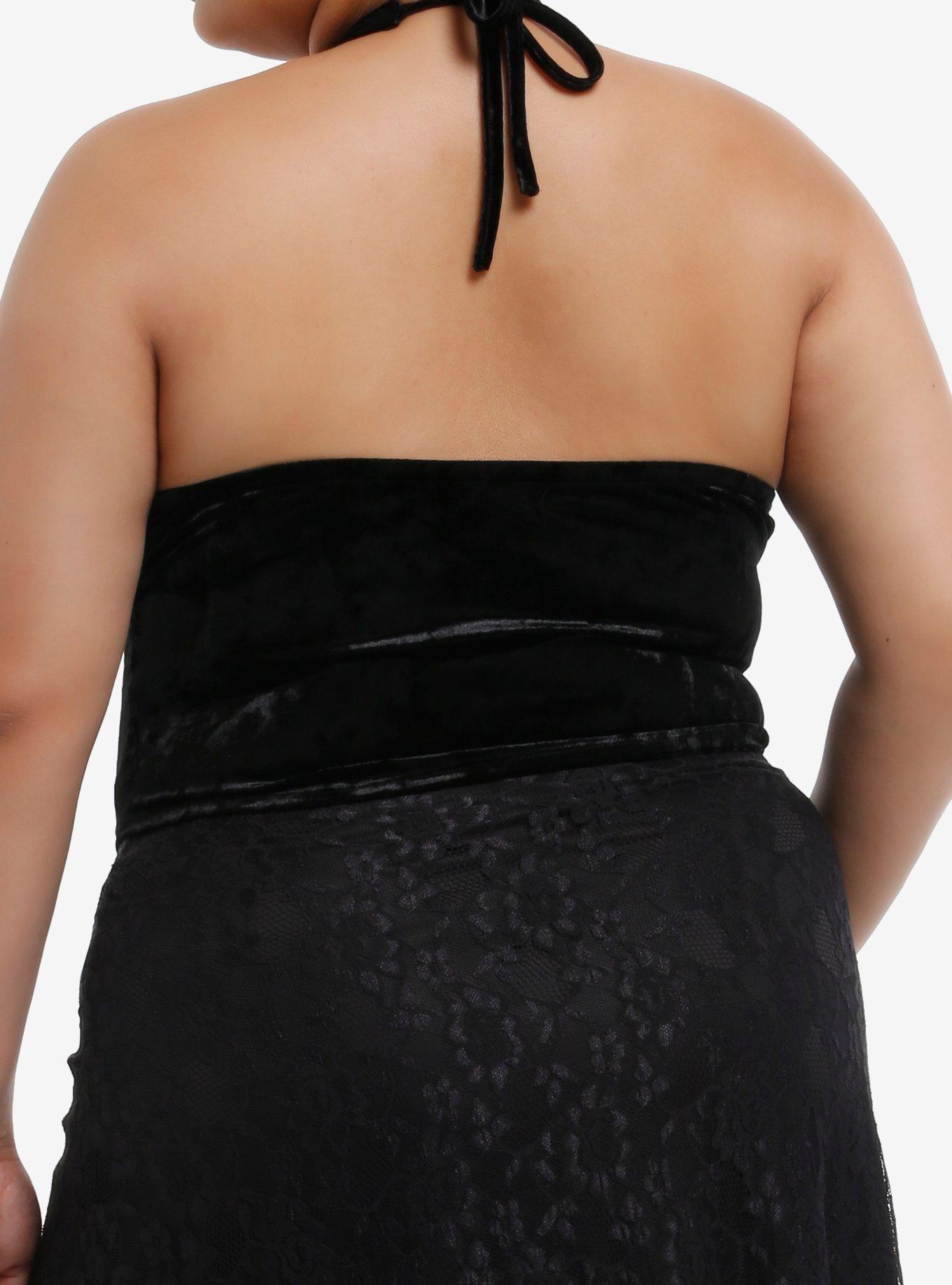 Cosmic Aura Black Velvet Lace Cutout Girls Halter Crop Top Plus Size, , hi-res