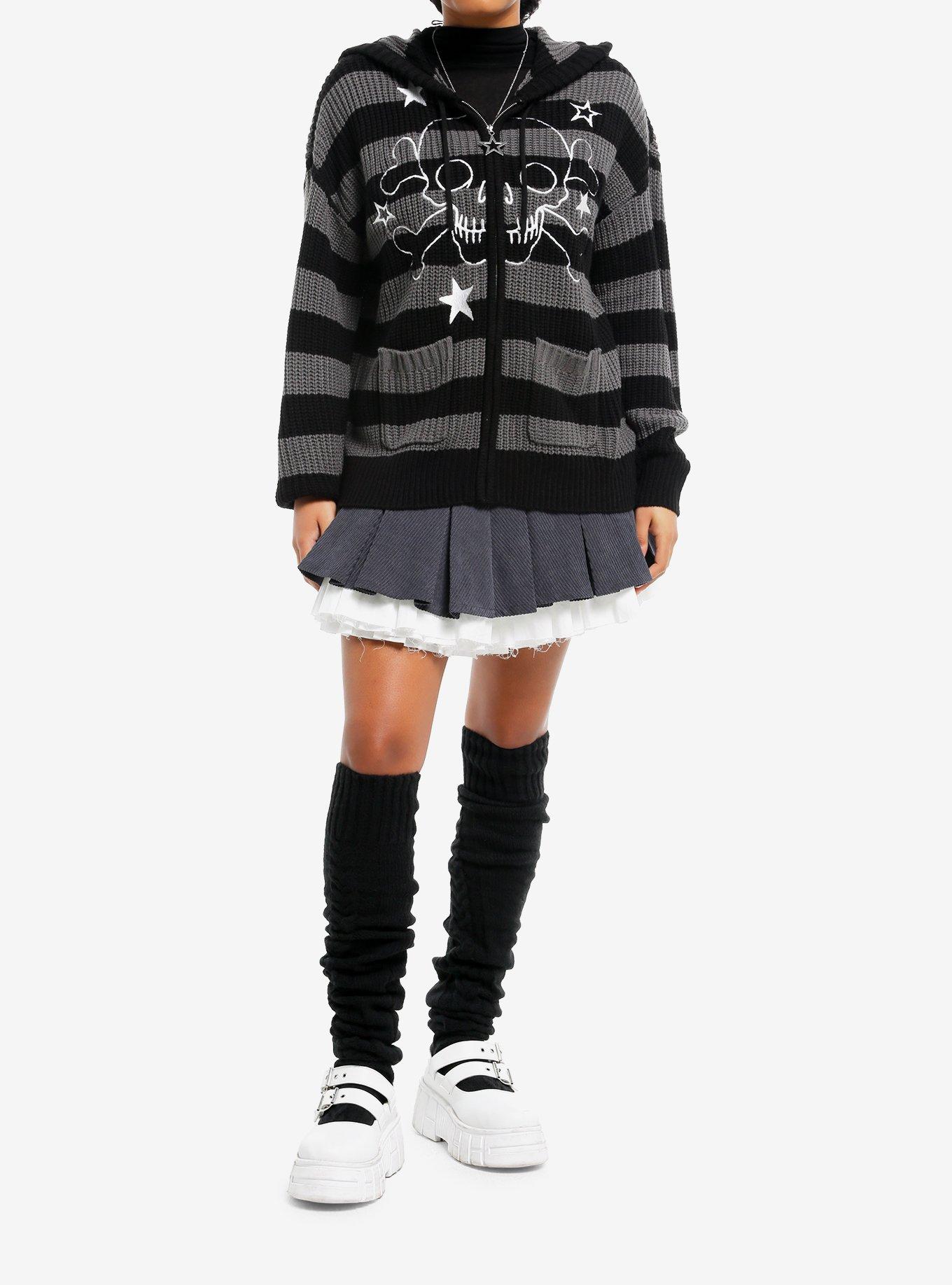Black & Grey Stripe Skull Girls Knit Hoodie, , hi-res