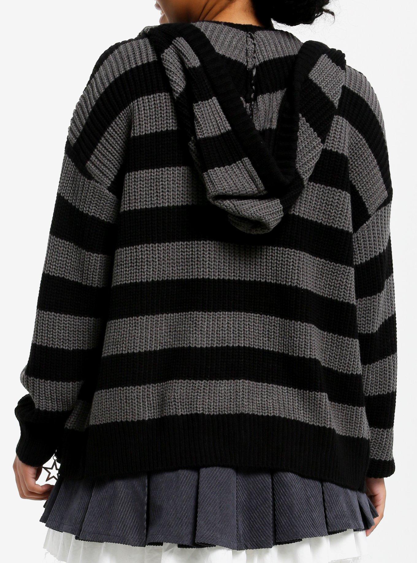 Black & Grey Stripe Skull Girls Knit Hoodie, GREY, alternate
