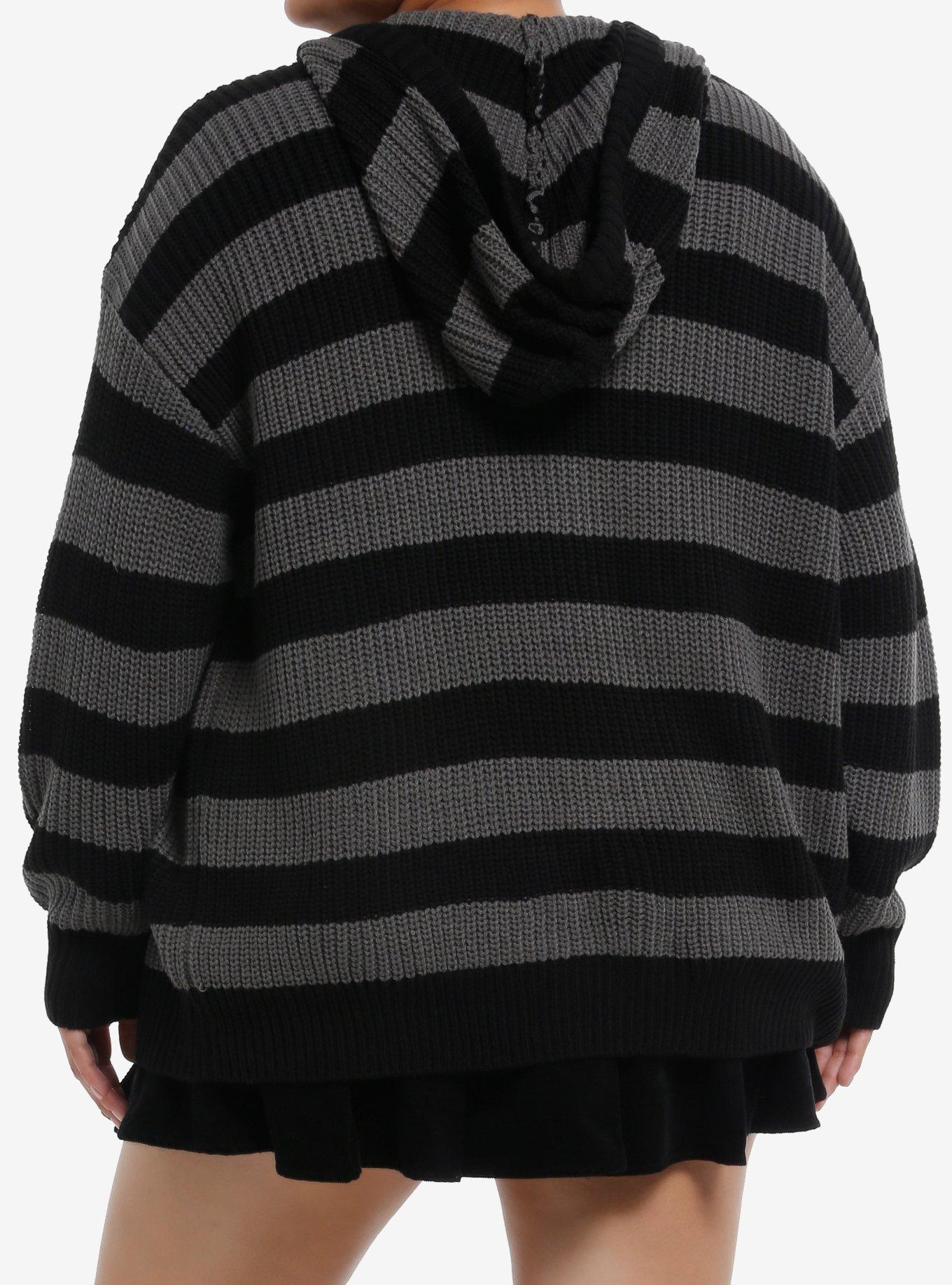 Black & Grey Stripe Skull Girls Knit Hoodie Plus Size, , hi-res