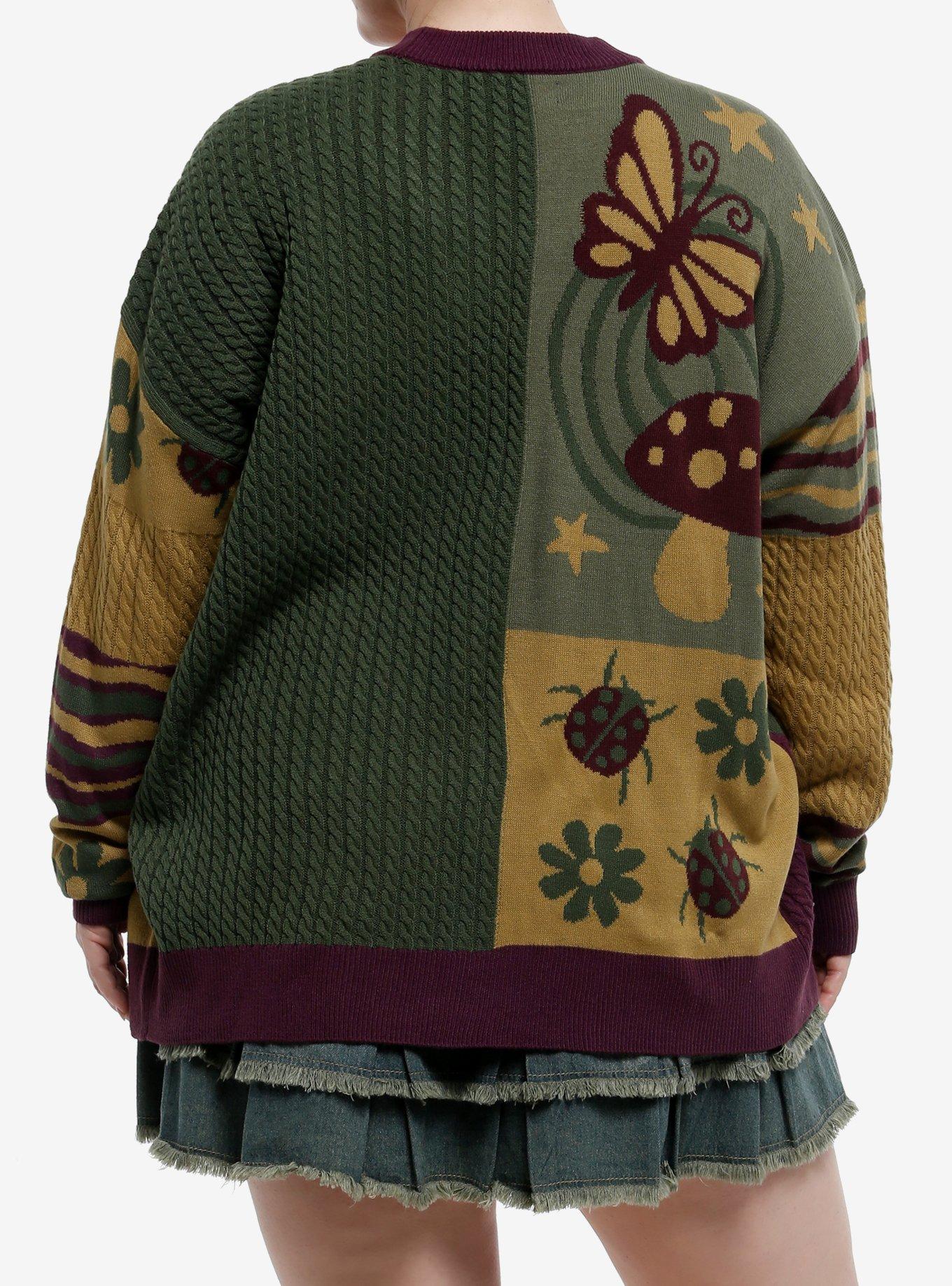 Thorn & Fable Grunge Bug Patchwork Girls Cardigan Plus Size, PURPLE, alternate