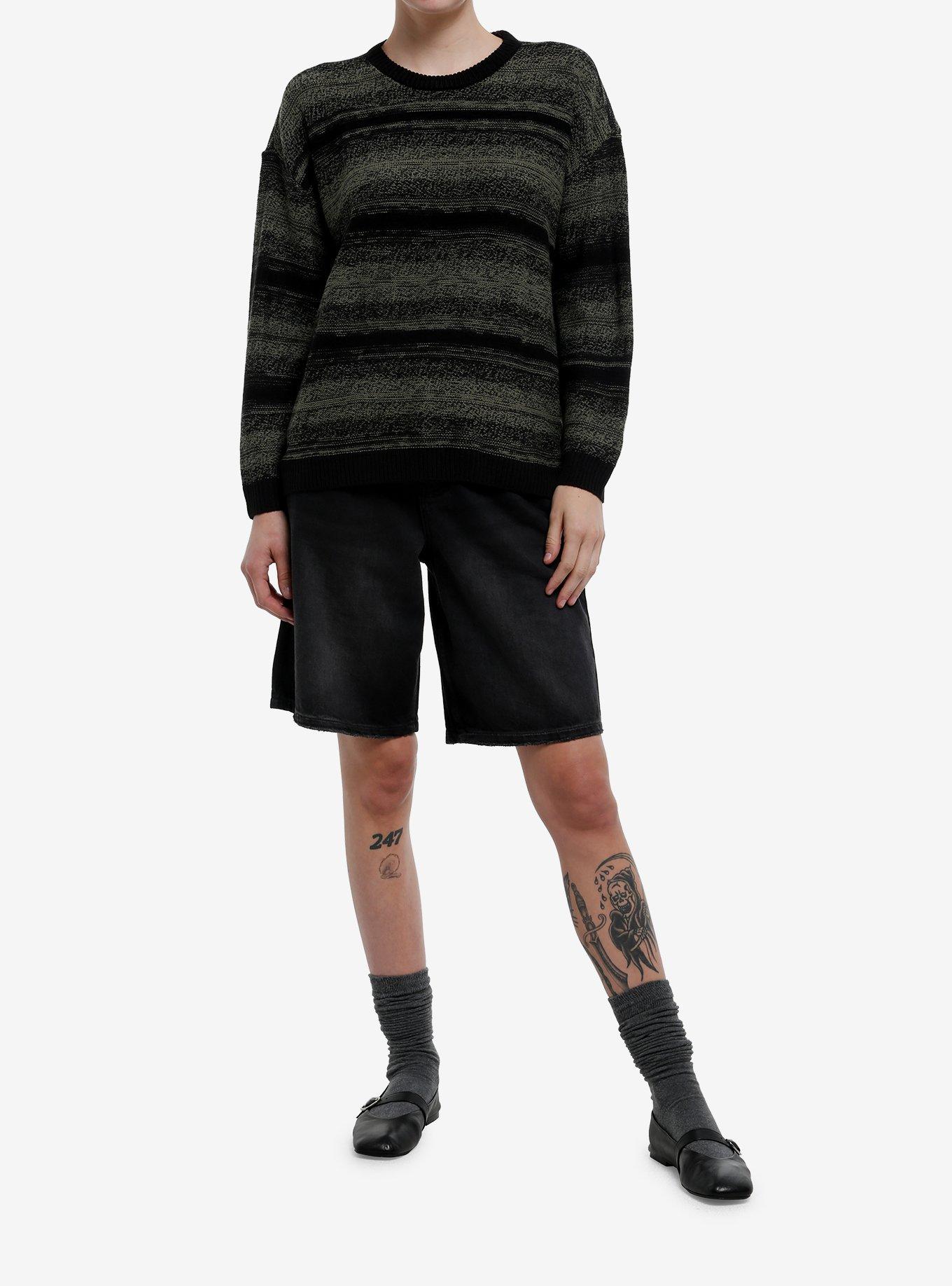 Social Collision Green & Black Stripe Girls Oversized Sweater, , hi-res