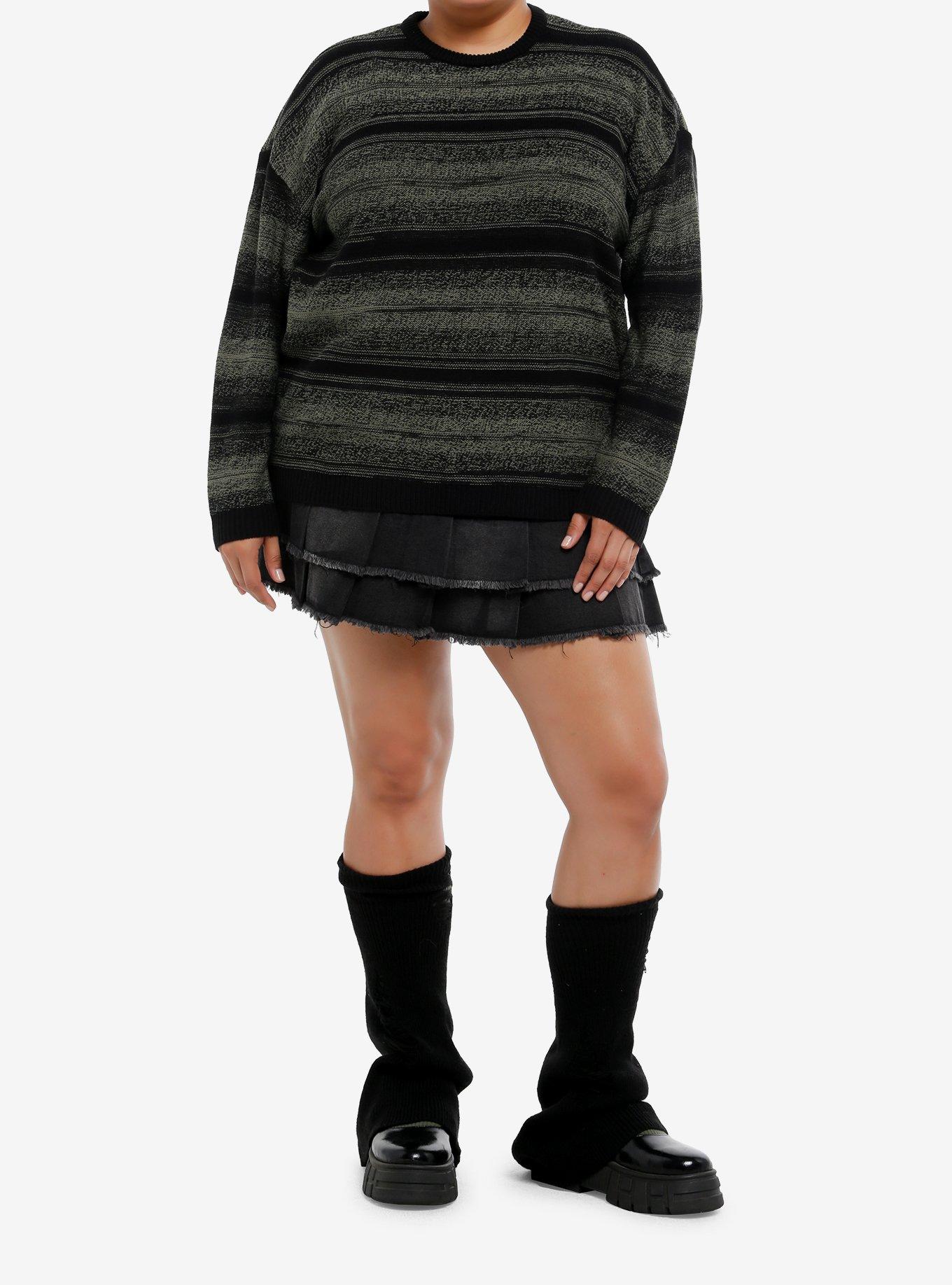 Social Collision Green & Black Stripe Girls Oversized Sweater Plus Size, , hi-res
