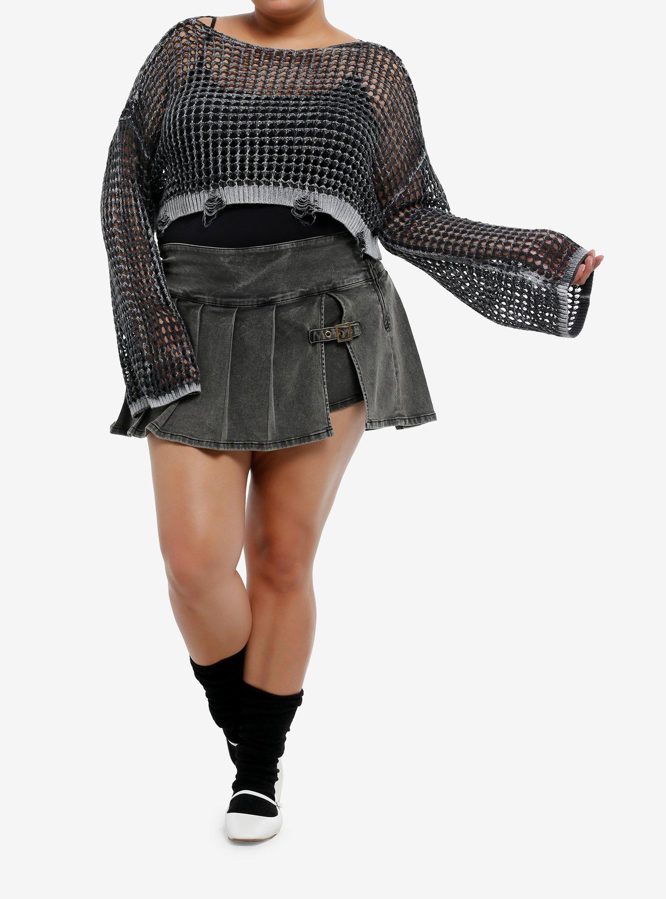 Black & Grey Destructed Knit Bolero Girls Crop Shrug Plus Size, , hi-res