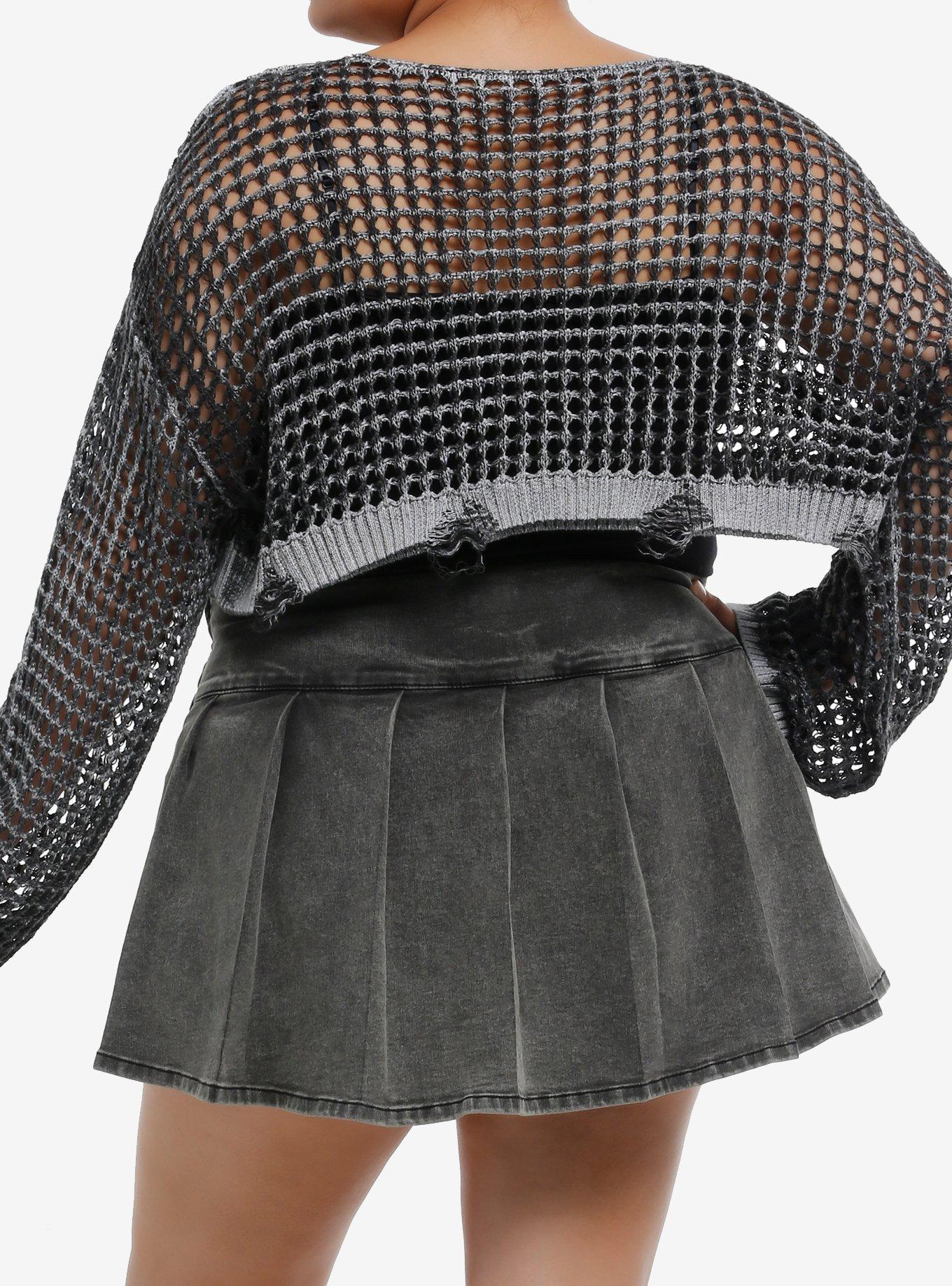 Black & Grey Destructed Knit Bolero Girls Crop Shrug Plus Size, BLACK, alternate