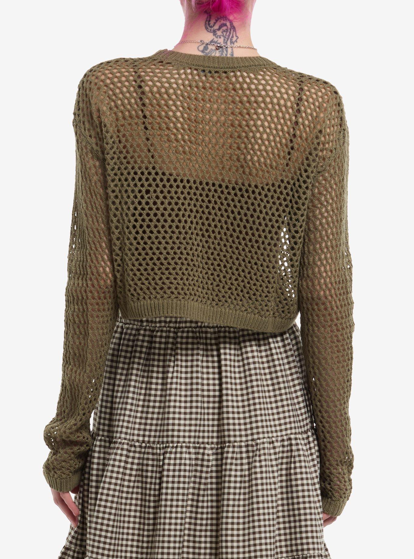 Thorn & Fable Olive Butterfly Open Knit Girls Crop Sweater, CREAM, alternate