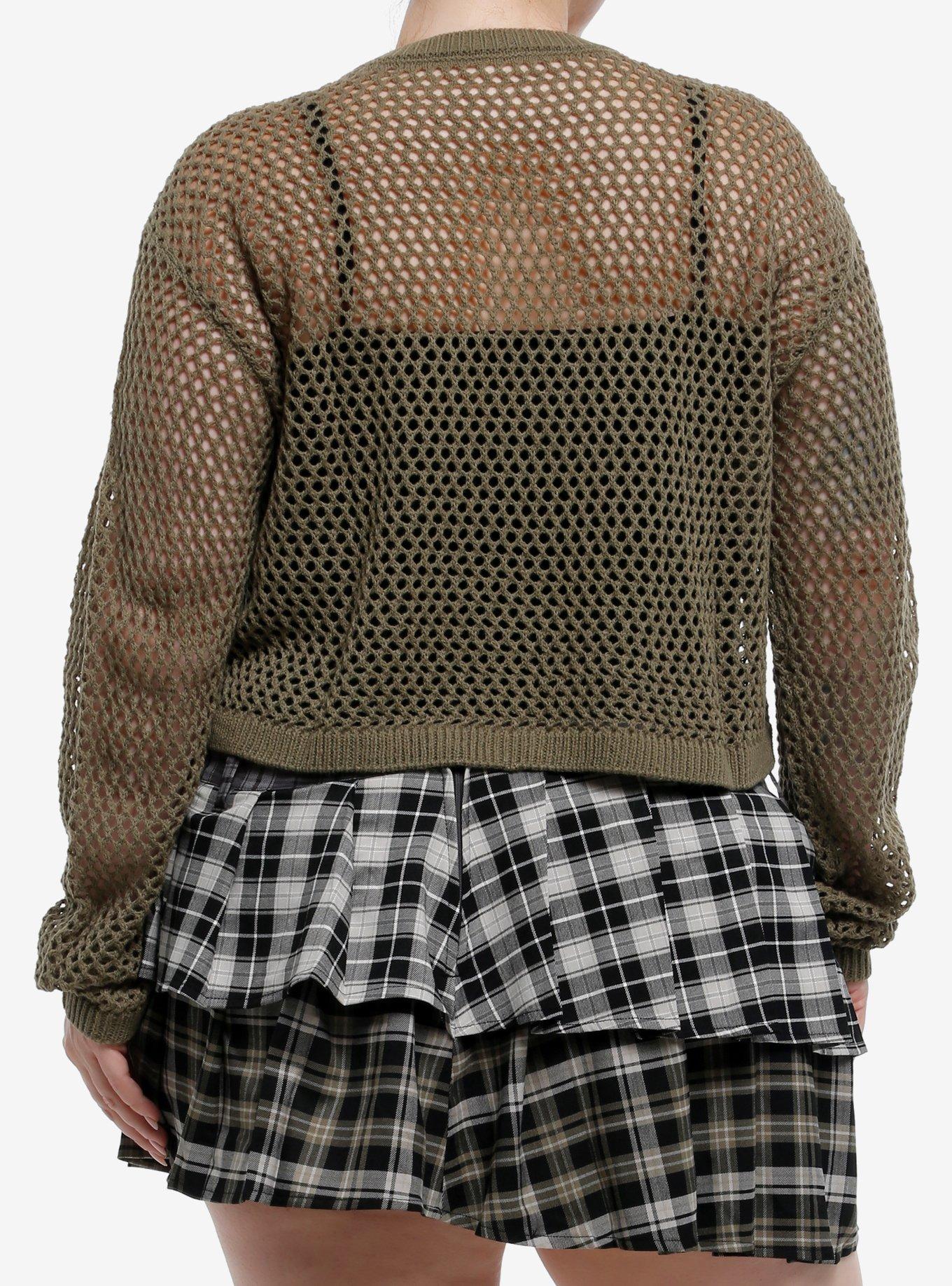 Thorn & Fable Olive Butterfly Open Knit Girls Crop Sweater Plus Size, CREAM, alternate