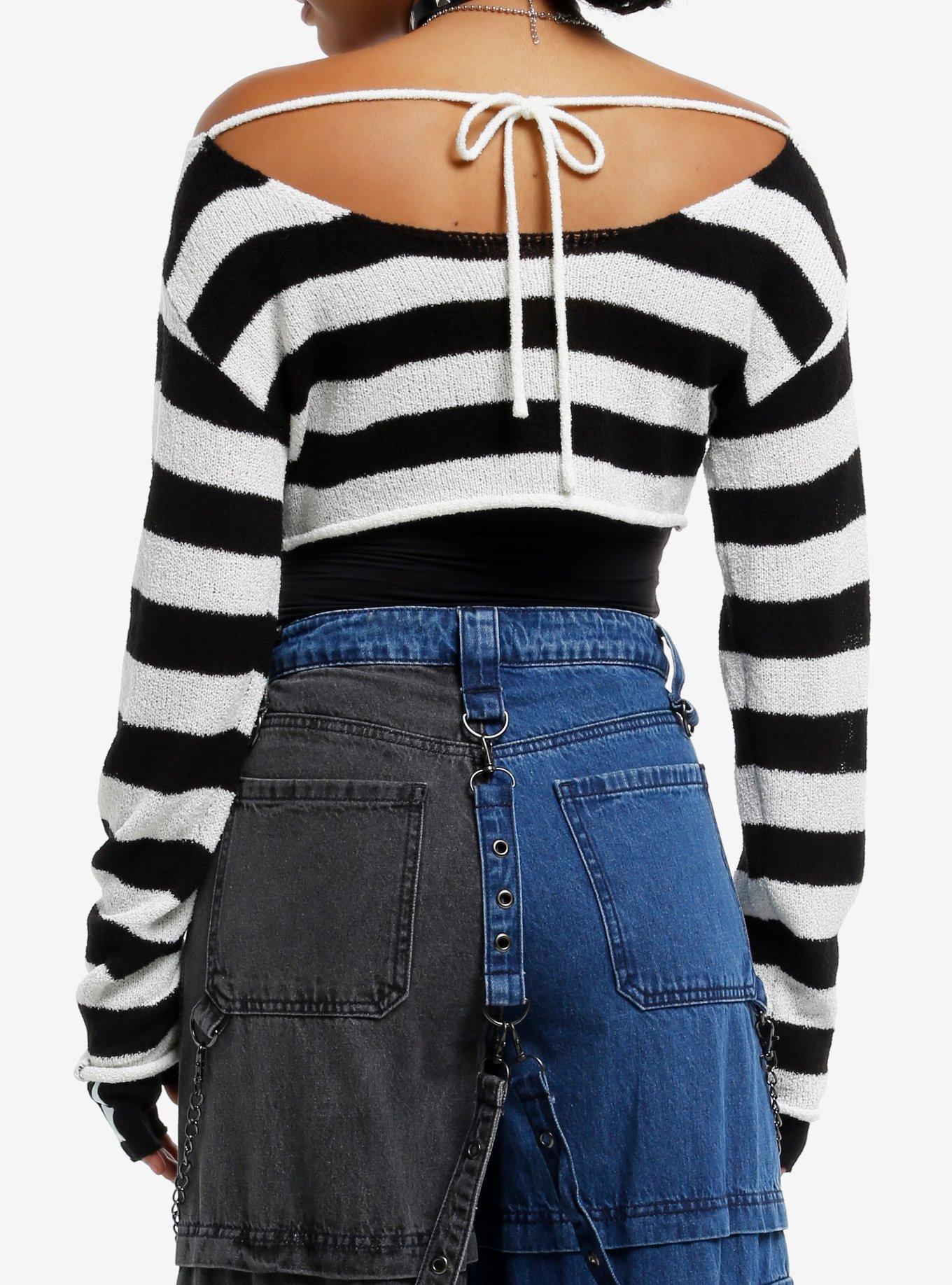 Black & White Stripe Bolero Girls Crop Shrug, BLACK, alternate