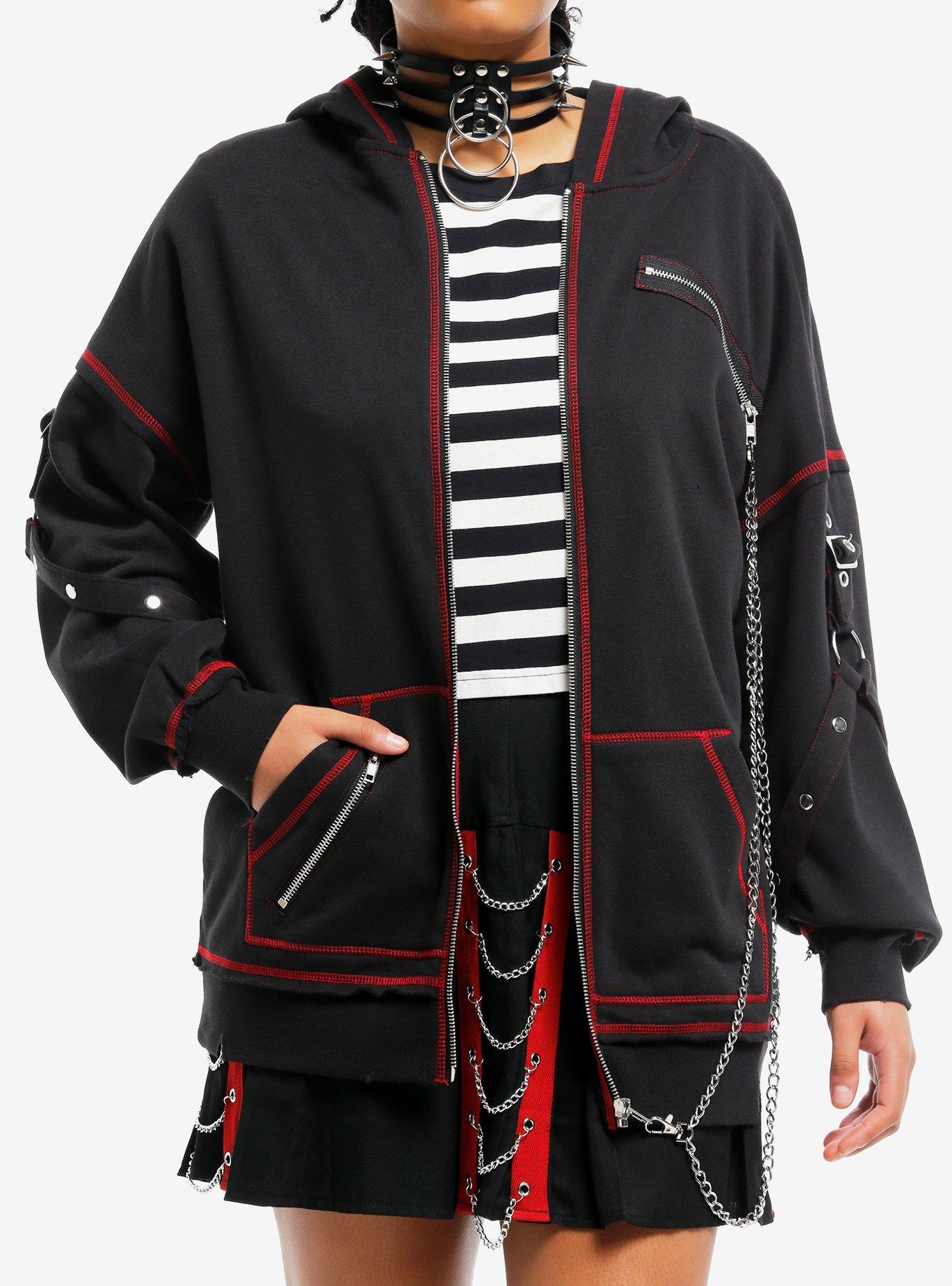 Black & Red Contrast Stitch Hardware Chain Girls Hoodie, , hi-res