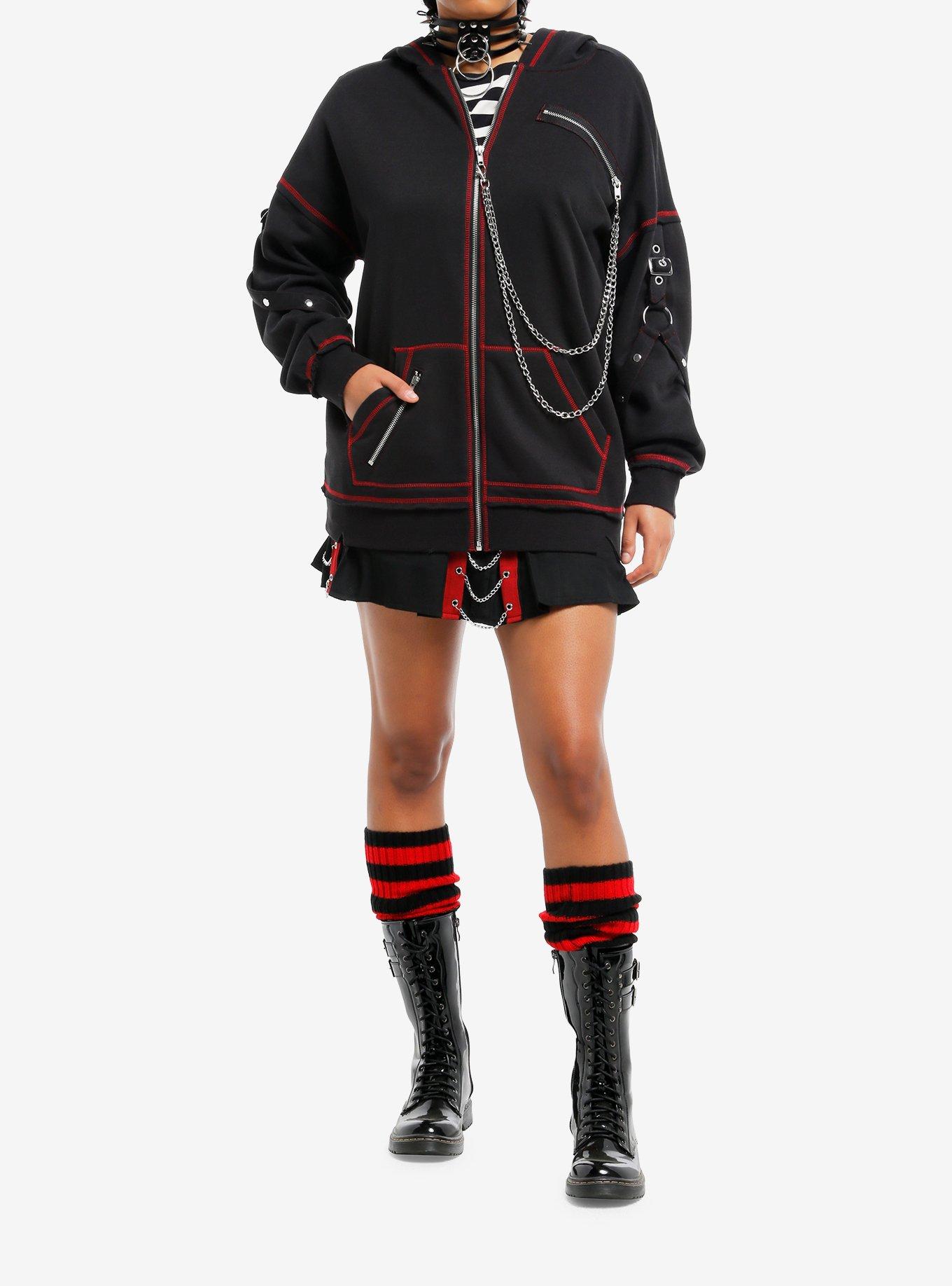 Black & Red Contrast Stitch Hardware Chain Girls Hoodie, RED, alternate