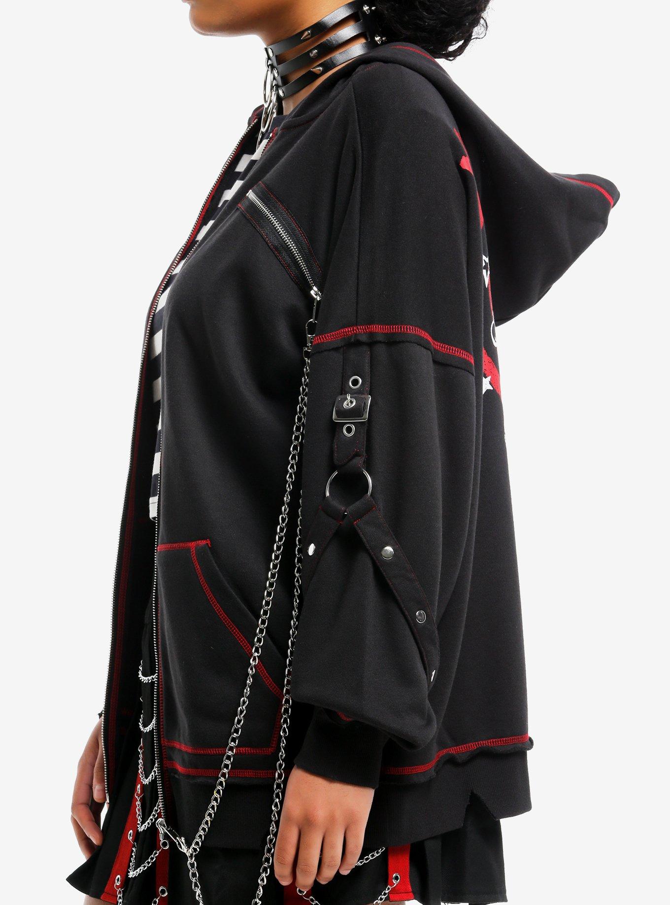Black & Red Contrast Stitch Hardware Chain Girls Hoodie, RED, alternate
