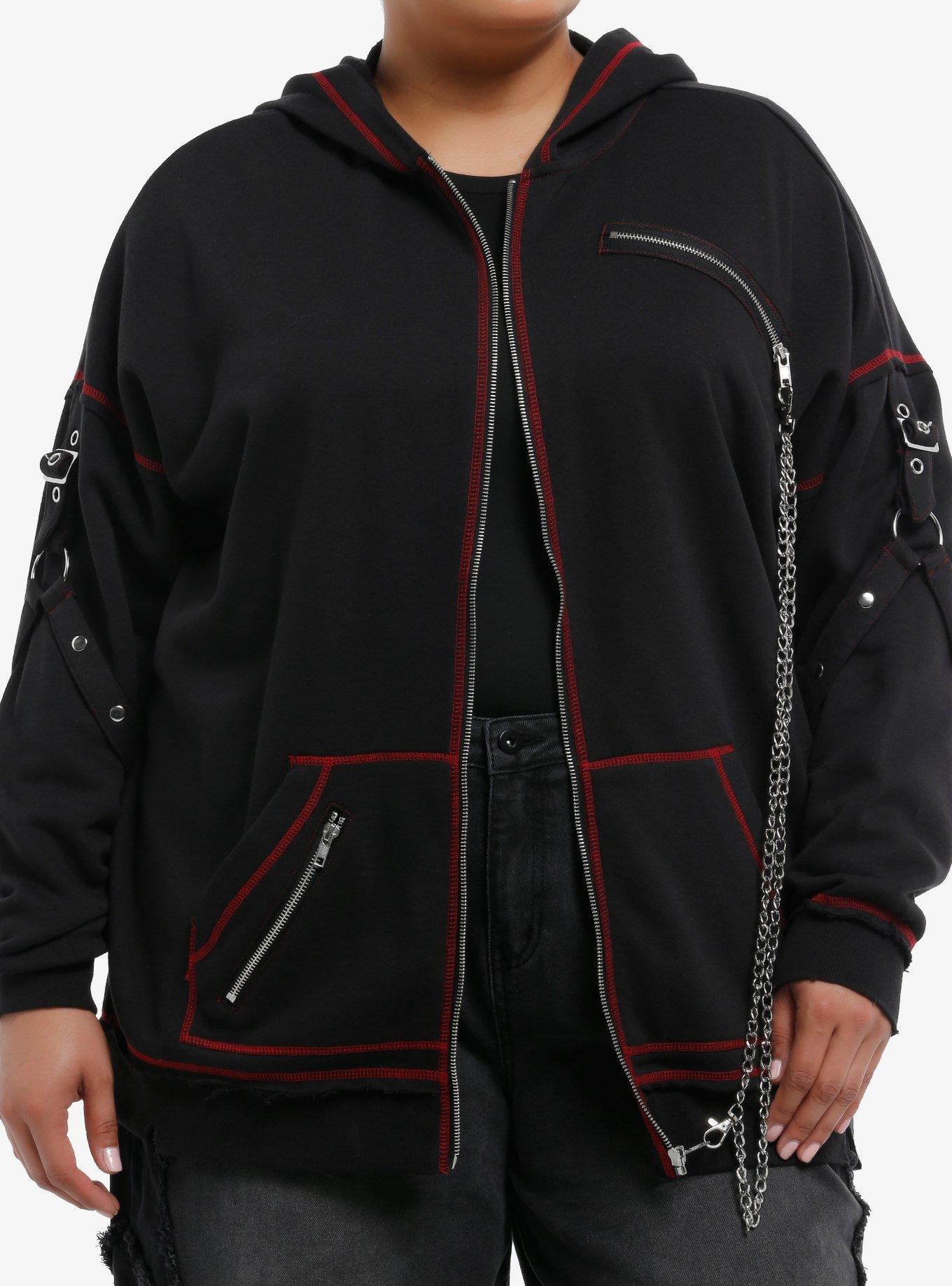 Black & Red Contrast Stitch Hardware Chain Girls Hoodie Plus Size, , hi-res
