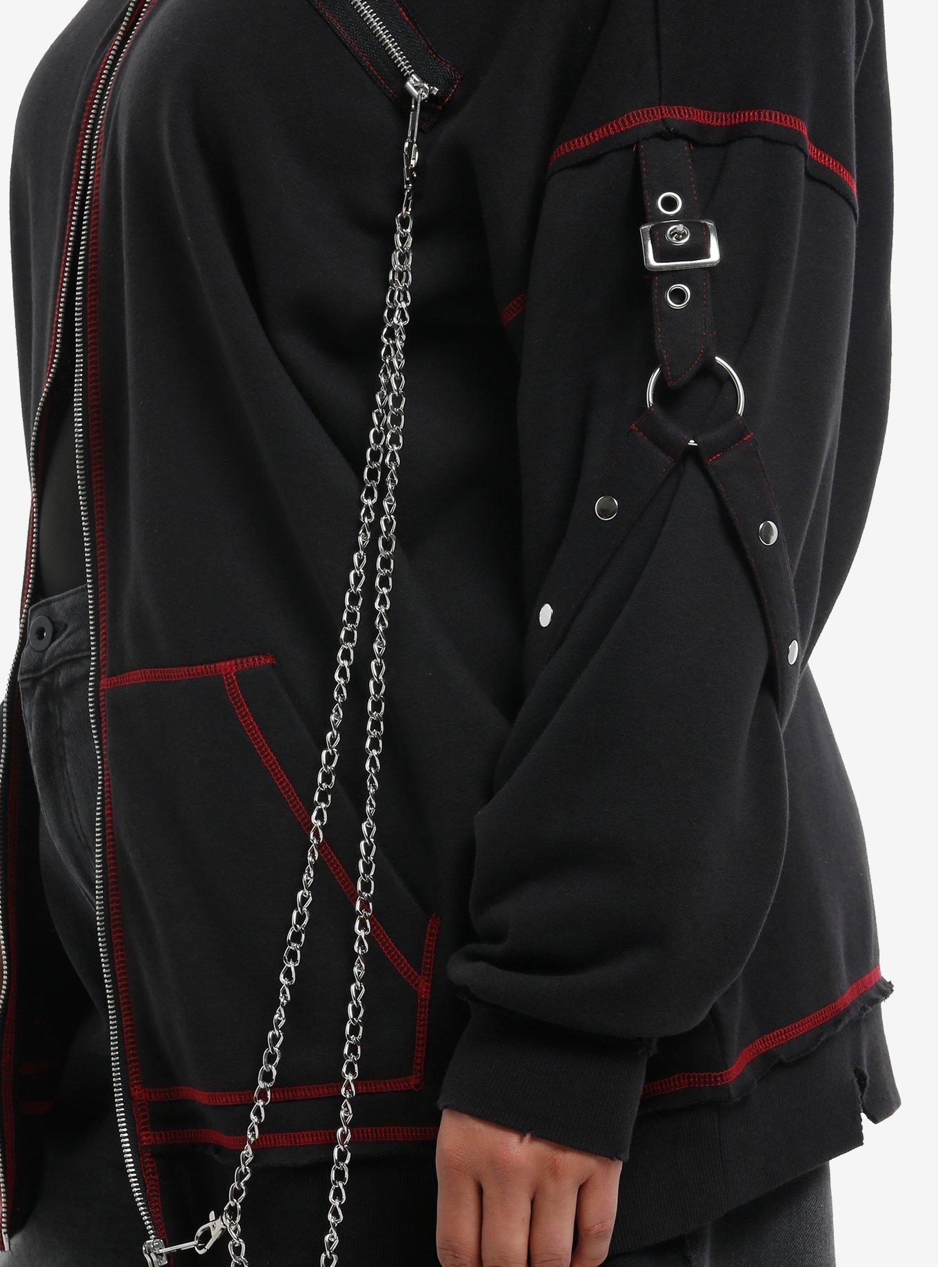 Black & Red Contrast Stitch Hardware Chain Girls Hoodie Plus Size, RED, alternate