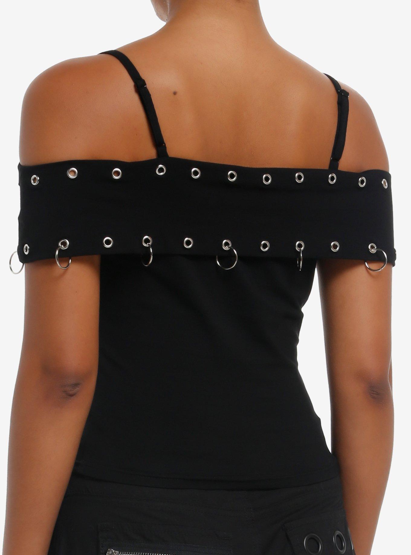 Black Grommet & Hardware Girls Cold-Shoulder Top, BLACK, alternate