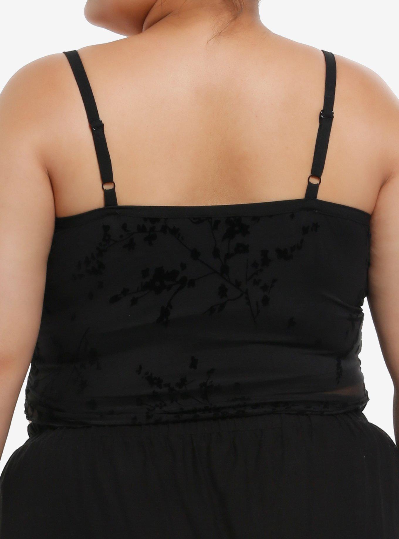 Black Flocked Floral Star Charm Girls Cami Plus Size, , hi-res