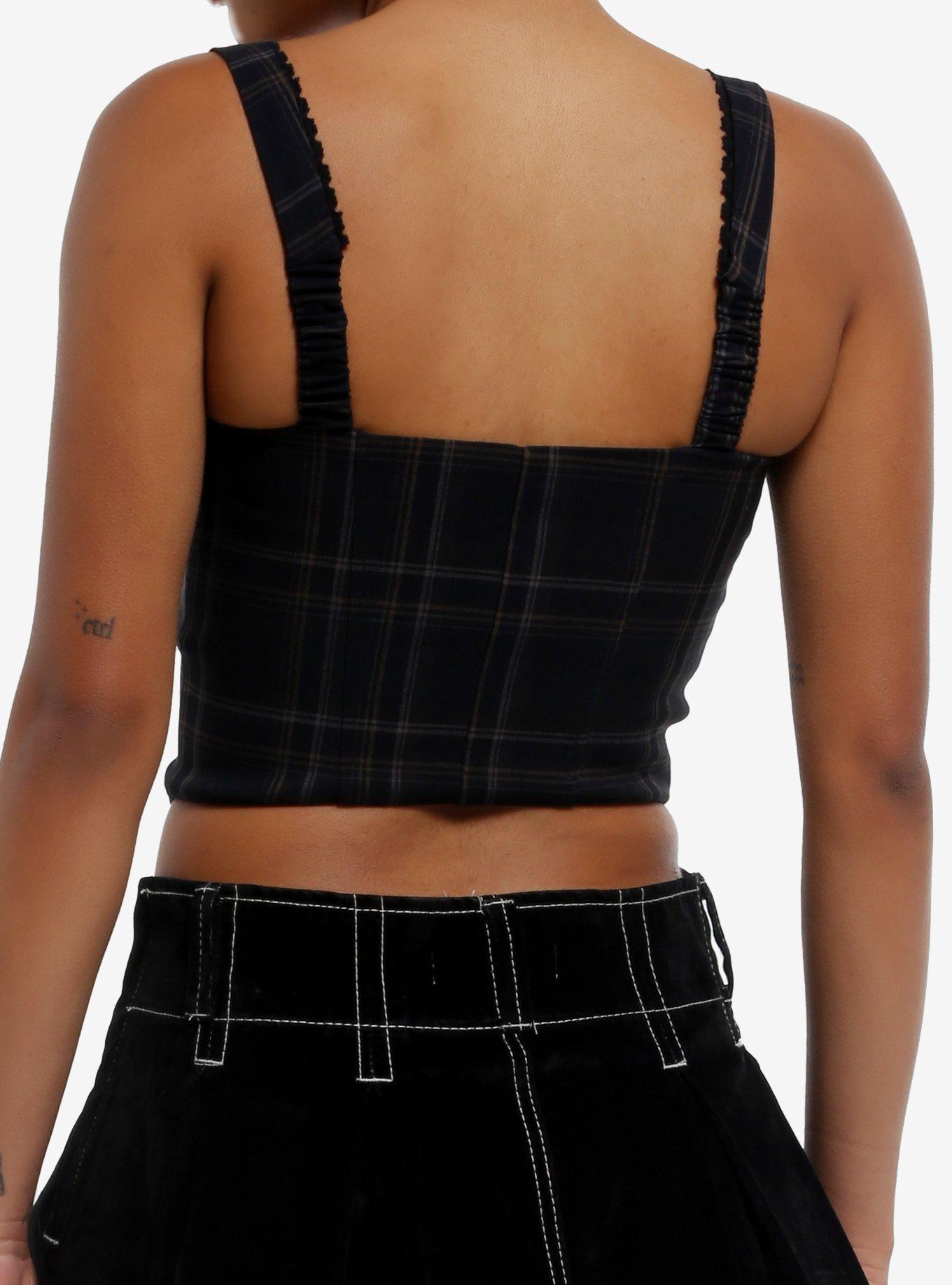 Black & Brown Plaid Corset Girls Tank Top, BROWN, alternate