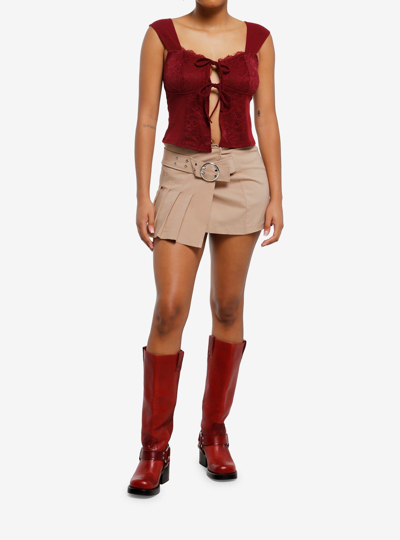 Maroon Lace Trim Front-Tie Girls Tank Top, , hi-res