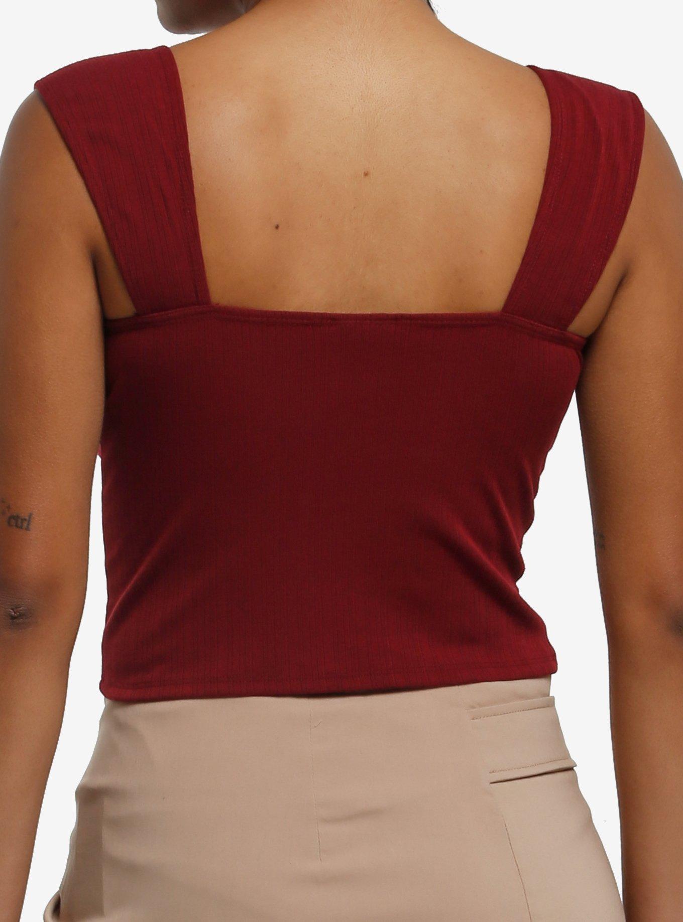 Maroon Lace Trim Front-Tie Girls Tank Top, , alternate