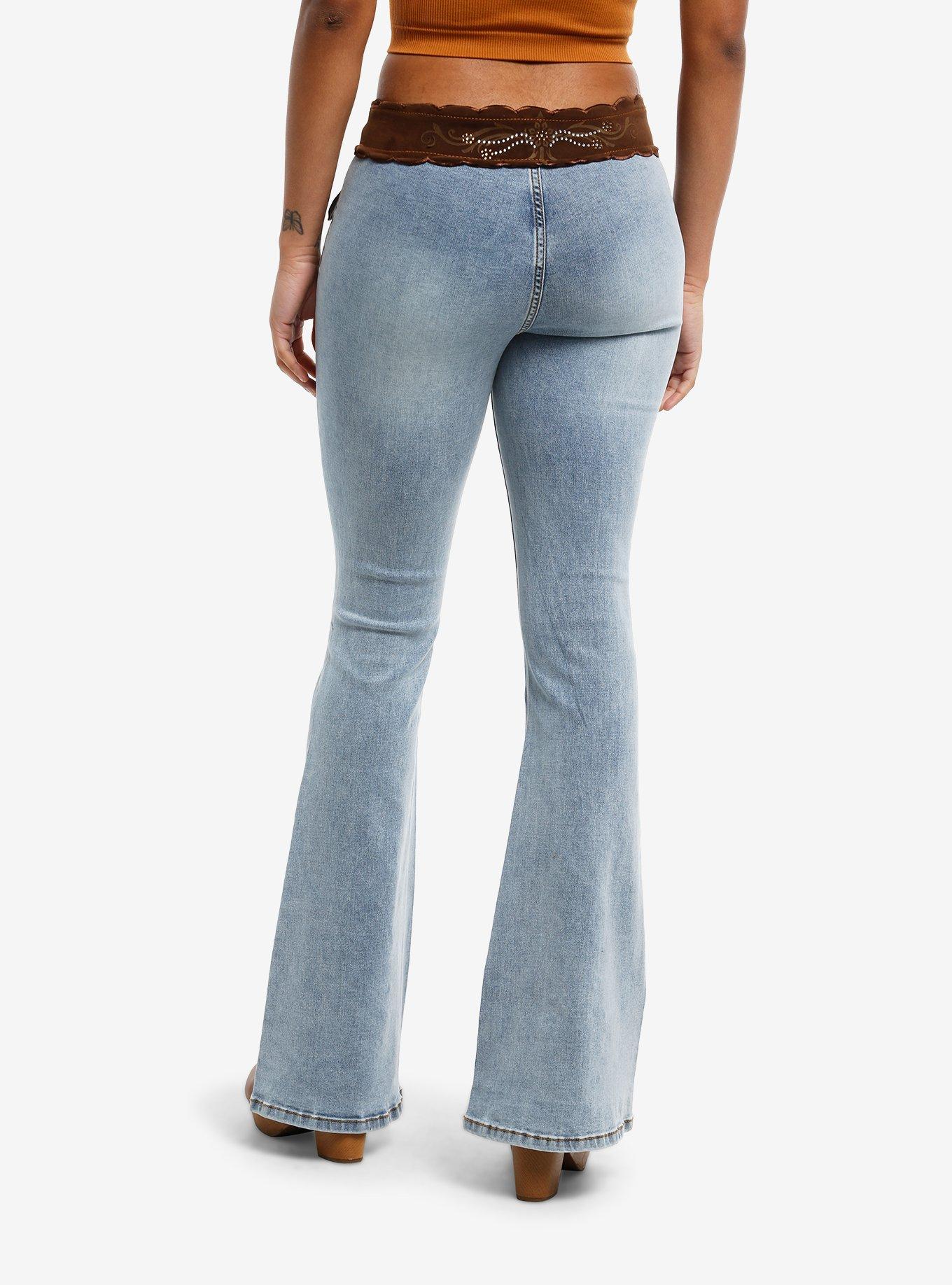 Light Indigo Y2K Brown Paisley Belted Jeans, , hi-res