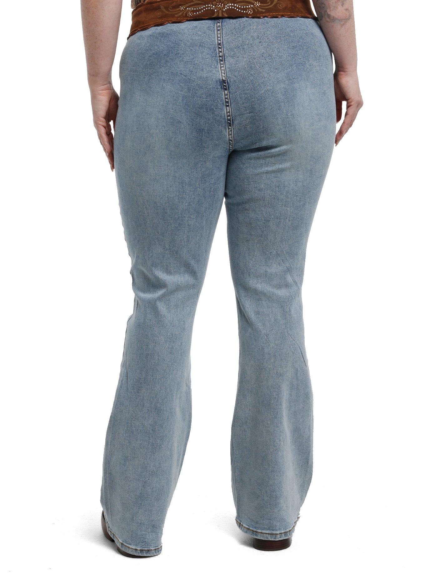 Light Indigo Y2K Brown Paisley Belted Jeans Plus Size, , hi-res