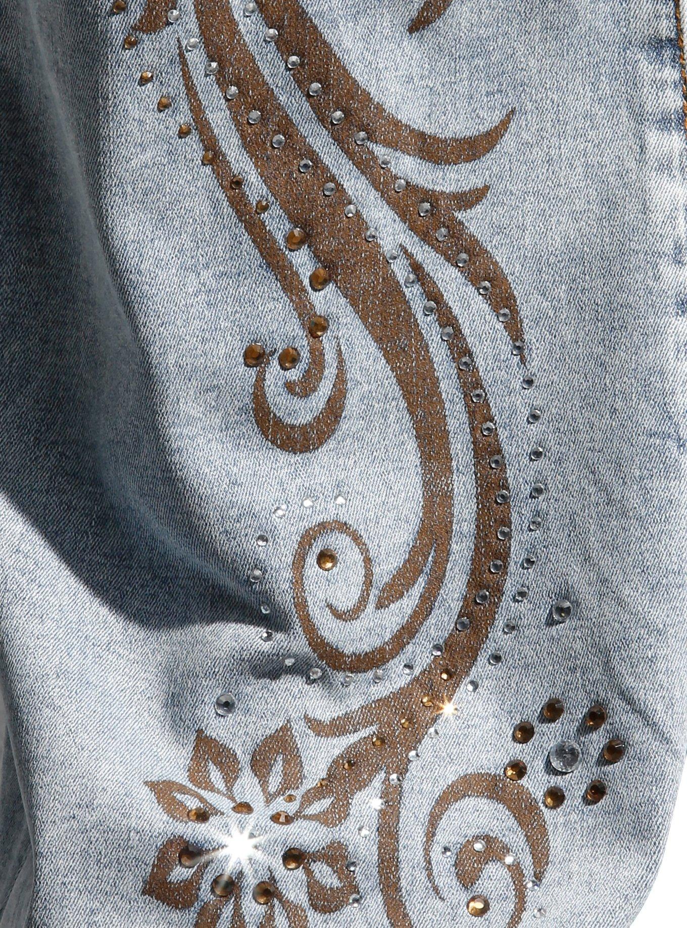 Light Indigo Y2K Brown Paisley Belted Jeans Plus Size, BROWN, alternate