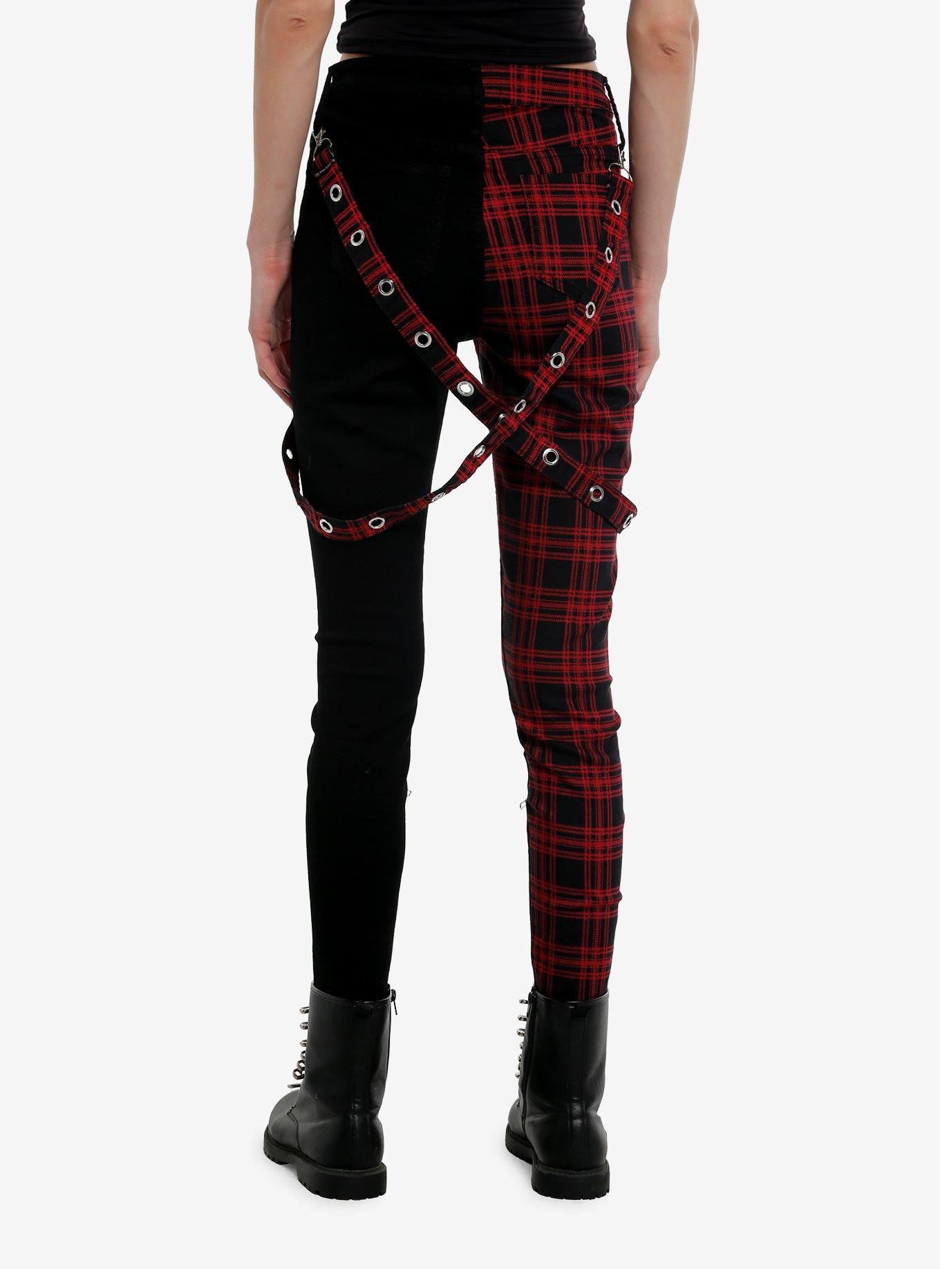 Black & Red Plaid Split Suspender Super Skinny Jeans, , hi-res