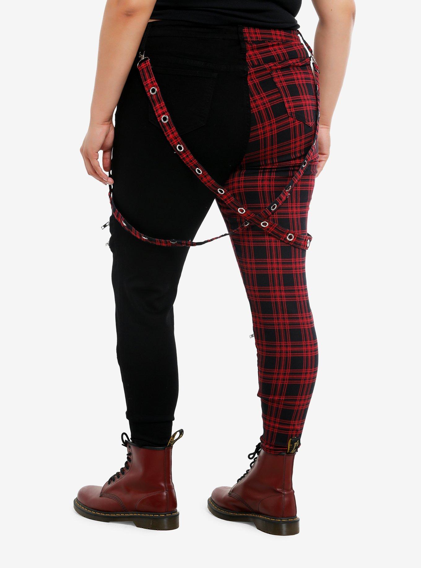 Black & Red Plaid Split Suspender Super Skinny Jeans Plus Size, , hi-res