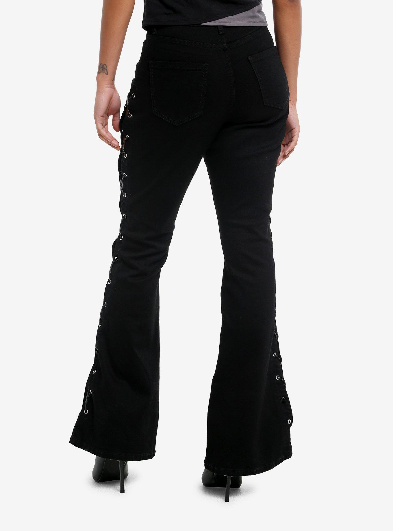 Black Lace-Up Flare Jeans, , hi-res
