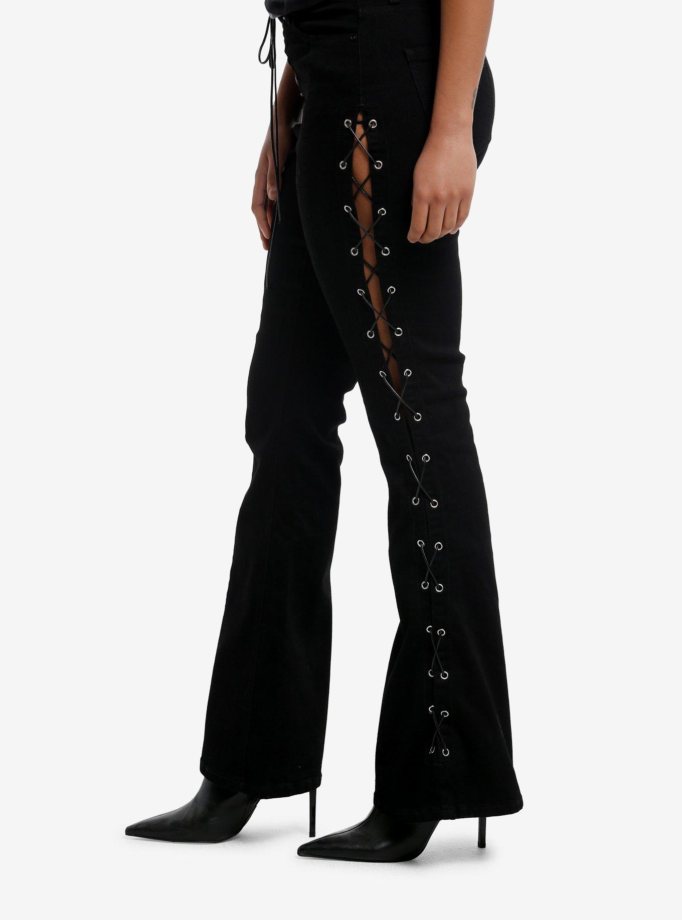 Black Lace-Up Flare Jeans, BLACK, alternate