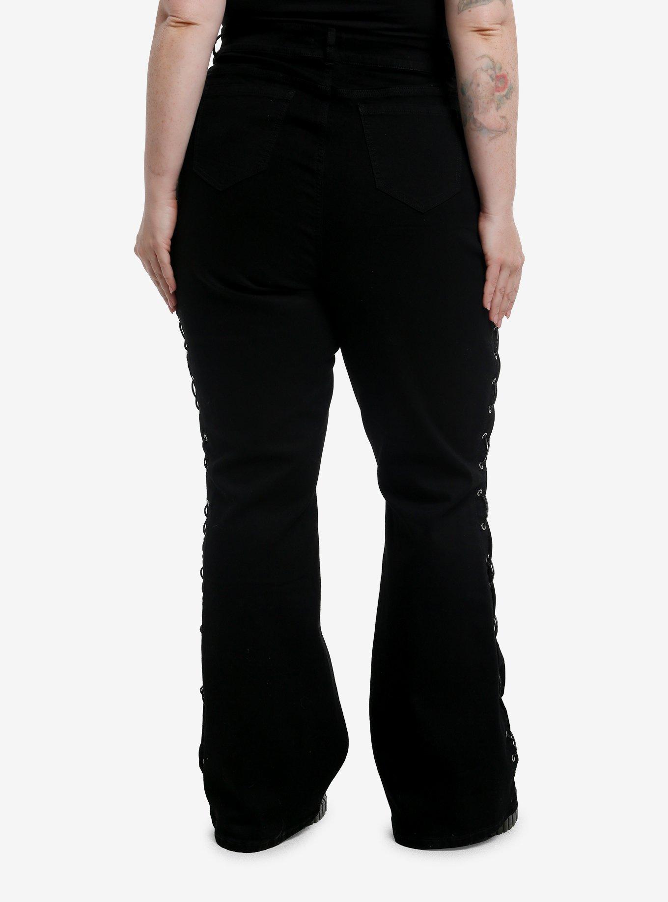 Black Lace-Up Flare Jeans Plus Size, , hi-res