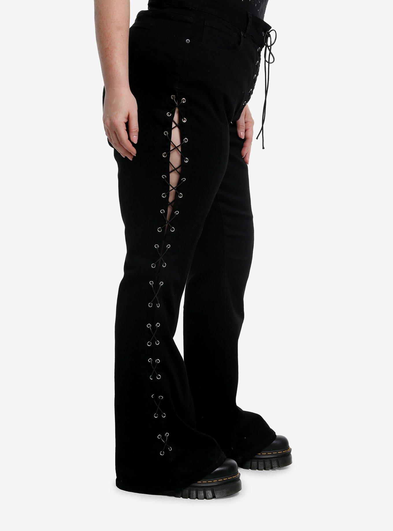 Black Lace-Up Flare Jeans Plus Size, BLACK, alternate