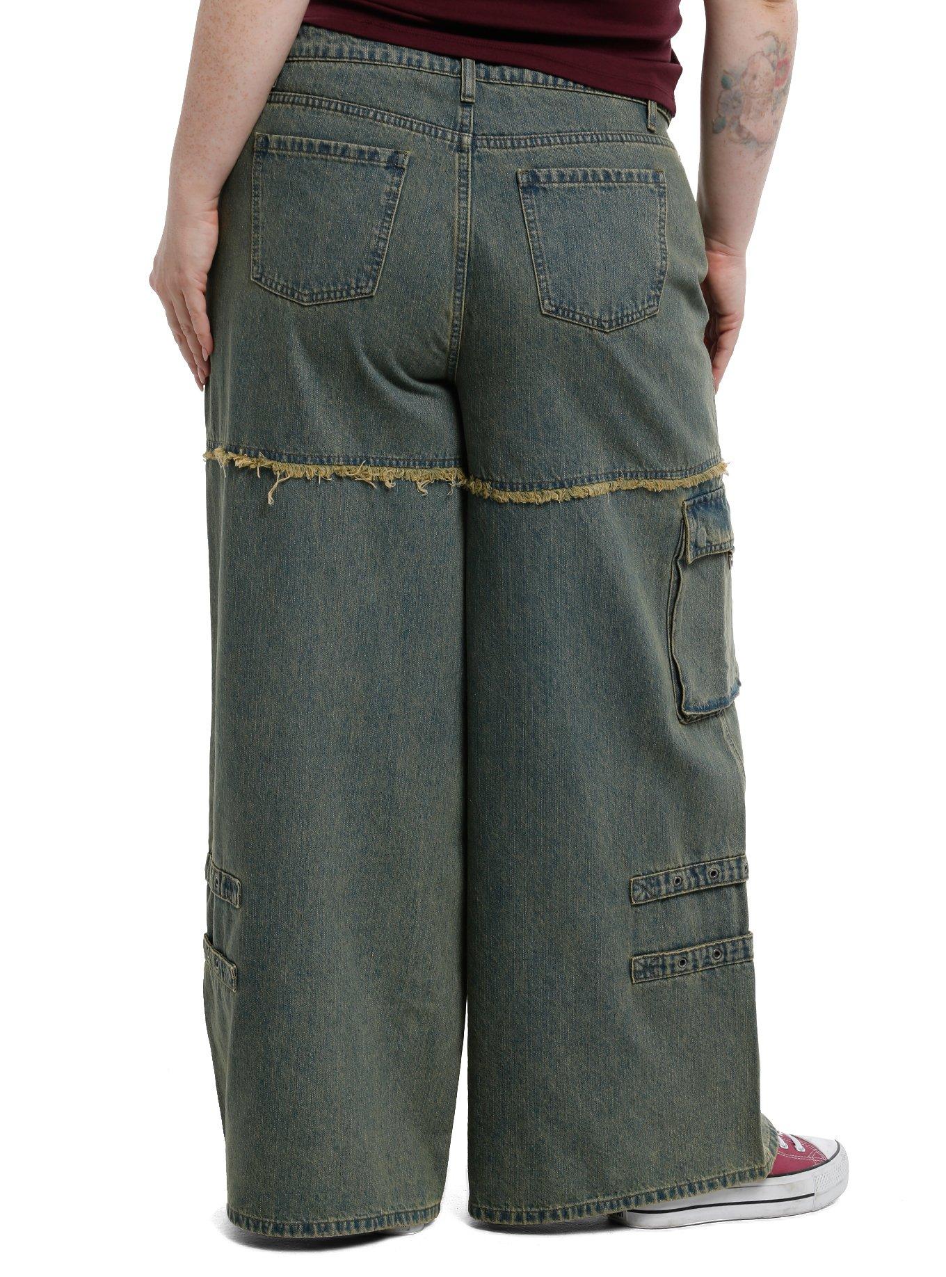 Social Collision Vintage Wash Frayed Seams Wide Leg Jeans Plus Size, , hi-res