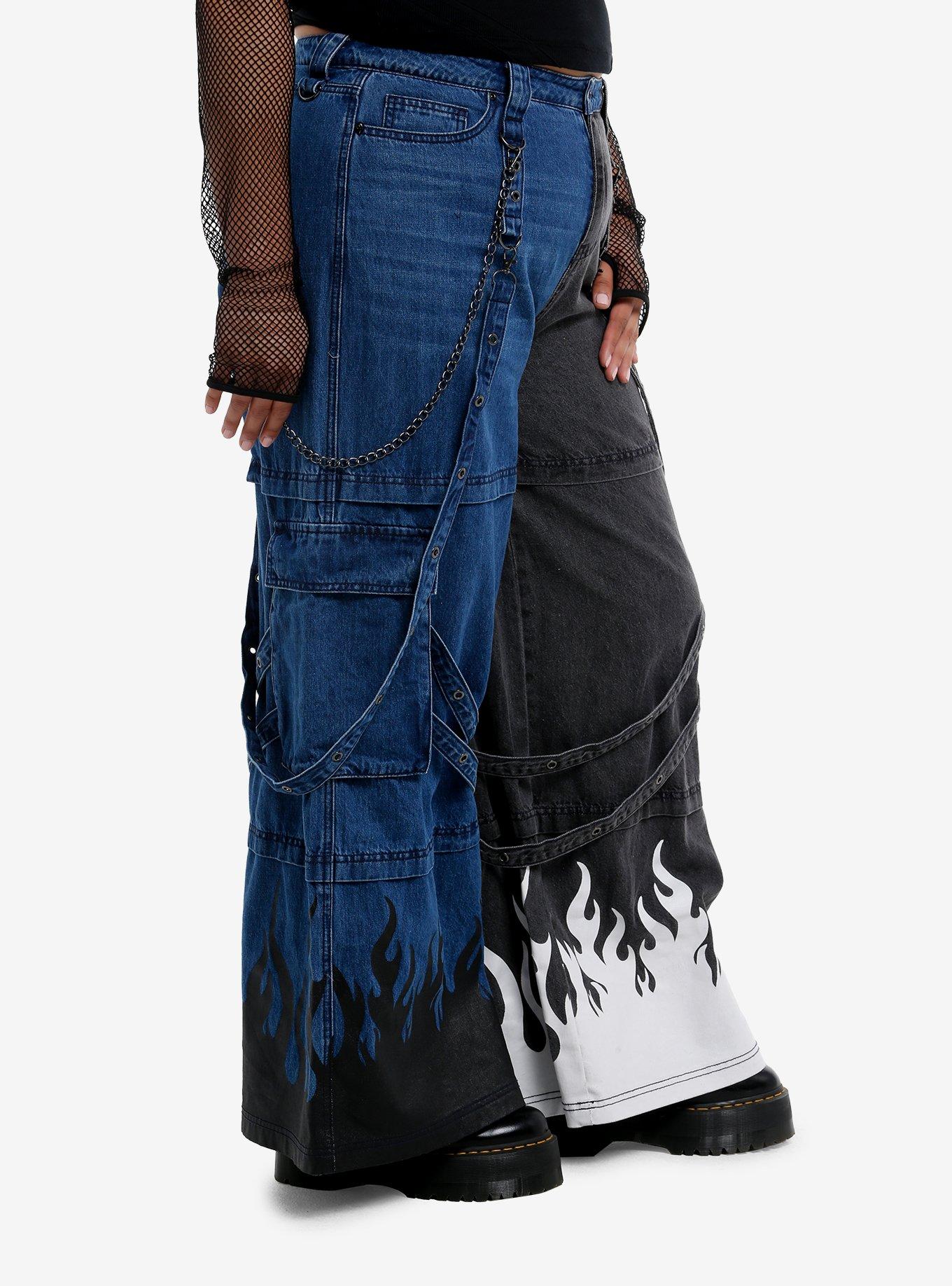 Flame Suspender Split Cargo Jeans Plus Size, BLUE, alternate
