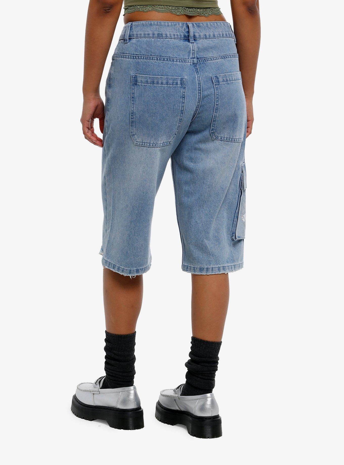 Light Indigo White & Silver Flames Cargo Jorts, , hi-res