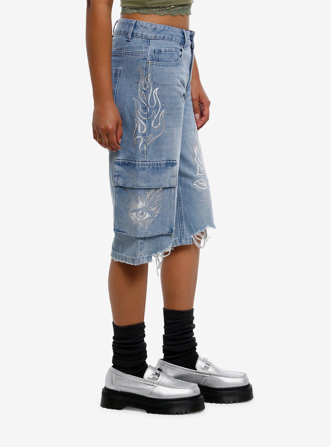 Light Indigo White & Silver Flames Cargo Jorts, INDIGO, alternate