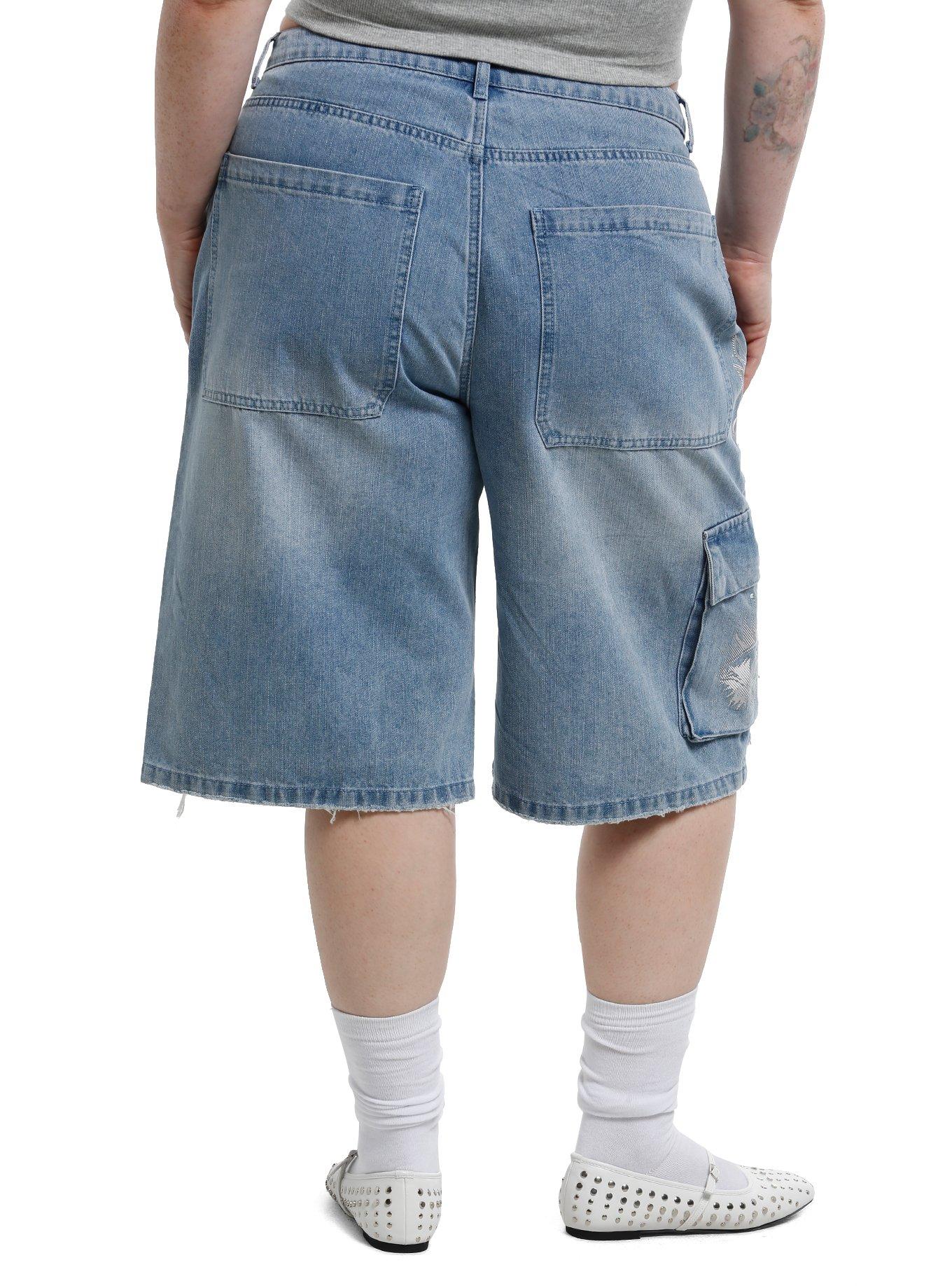 Light Indigo White & Silver Flames Cargo Jorts Plus Size, , hi-res