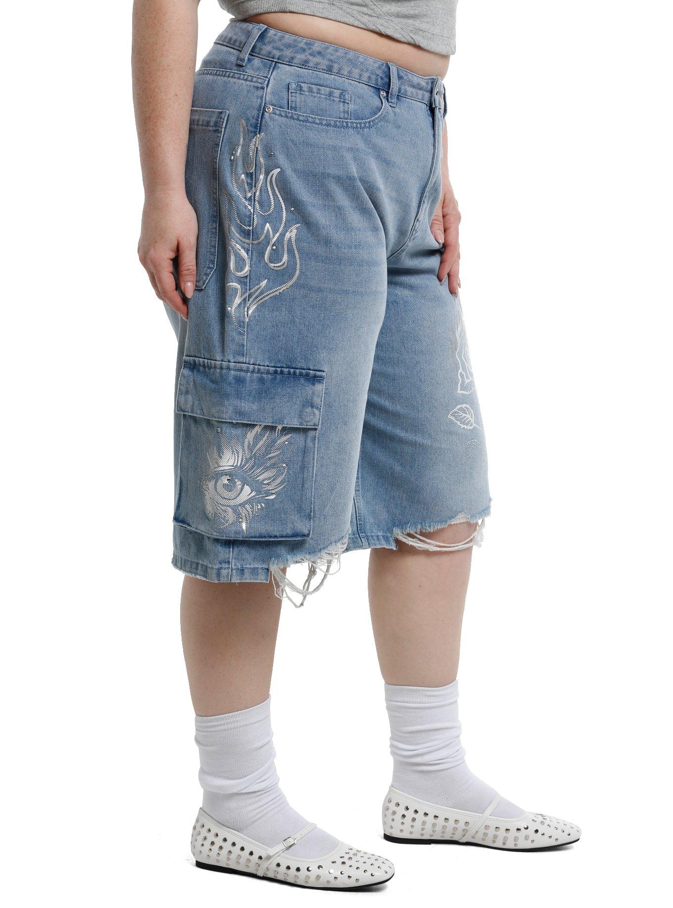 Light Indigo White & Silver Flames Cargo Jorts Plus Size, INDIGO, alternate