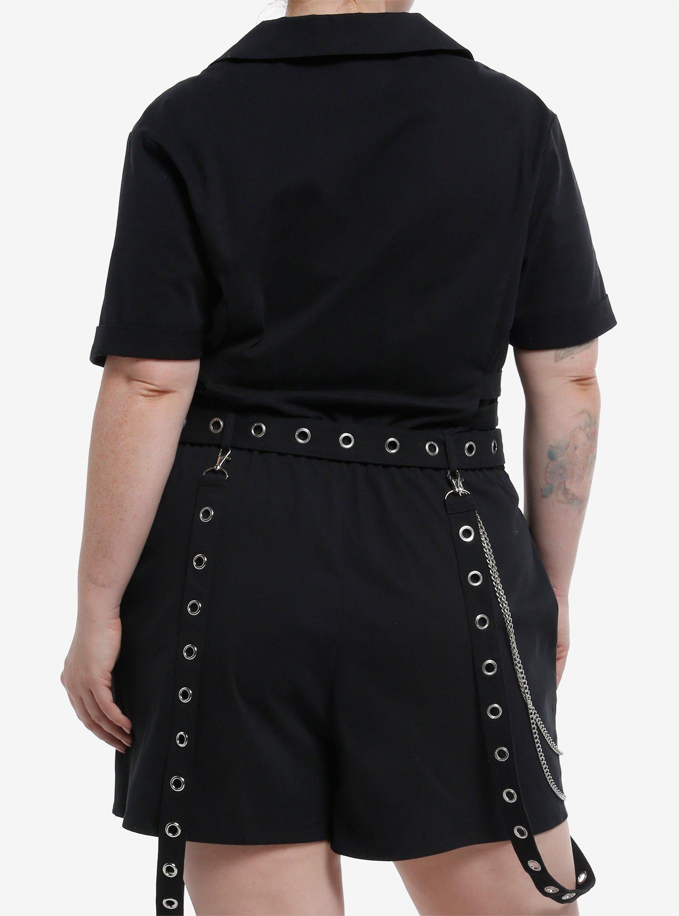 Social Collision Chains & Grommets Zip Romper Plus Size, BLACK, alternate