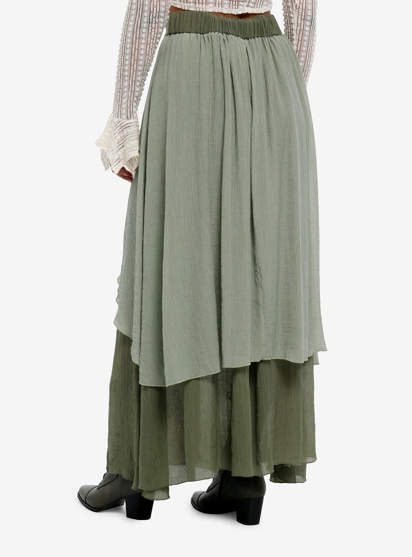 Thorn & Fable Green Moth Layered Midi Skirt, GREEN, alternate
