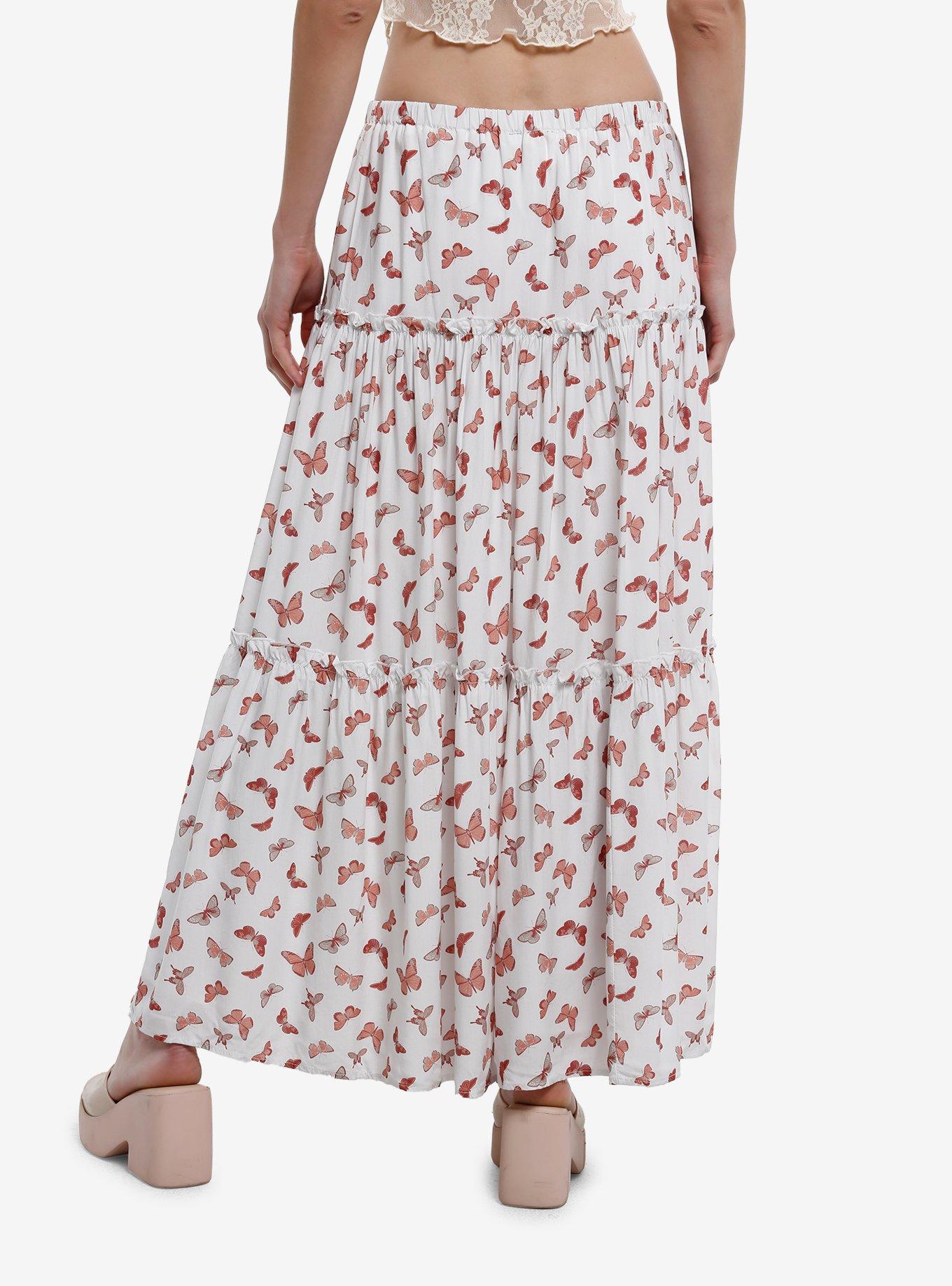 Thorn & Fable Pink Butterfly Tiered Maxi Skirt, PINK, alternate