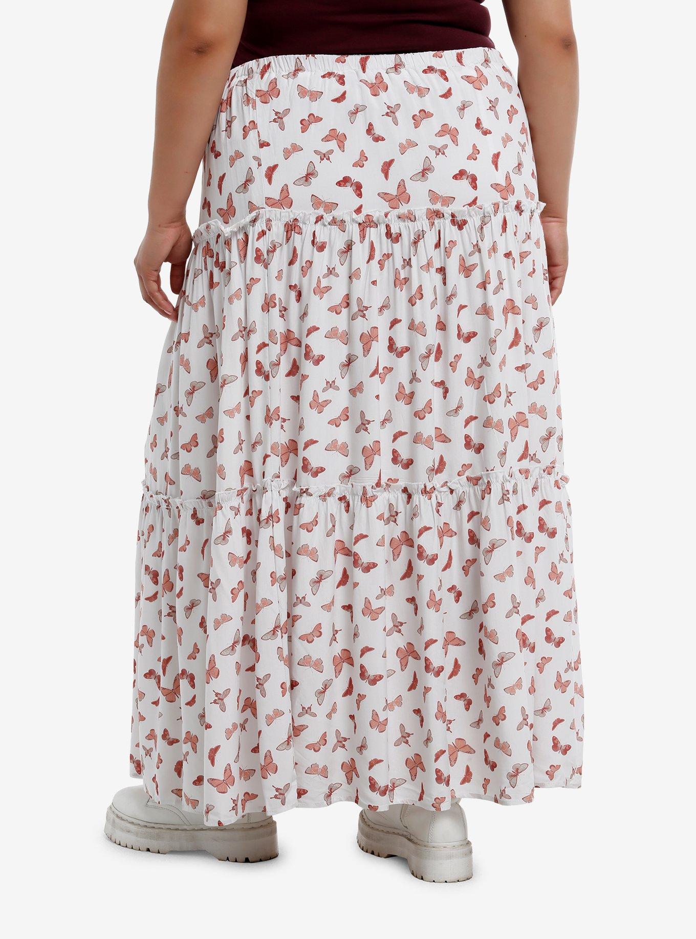 Thorn & Fable Pink Butterfly Tiered Maxi Skirt Plus Size, , hi-res